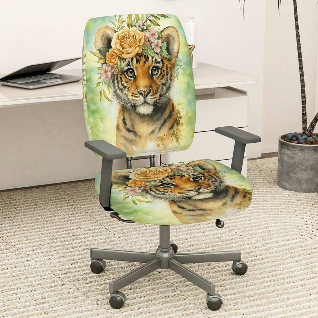2-Piece Cute Floral Tiger Nature Art  Computer Chair Cover Set, Seat and Backrest