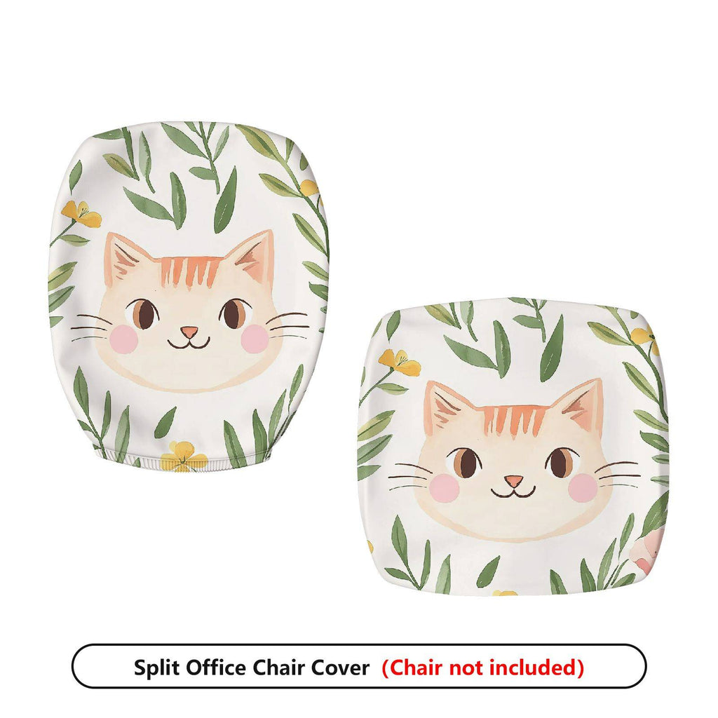 2-Piece Cute Cat Floral Leaf Decorative Universal  Computer Chair Cover Set, Seat and Backrest