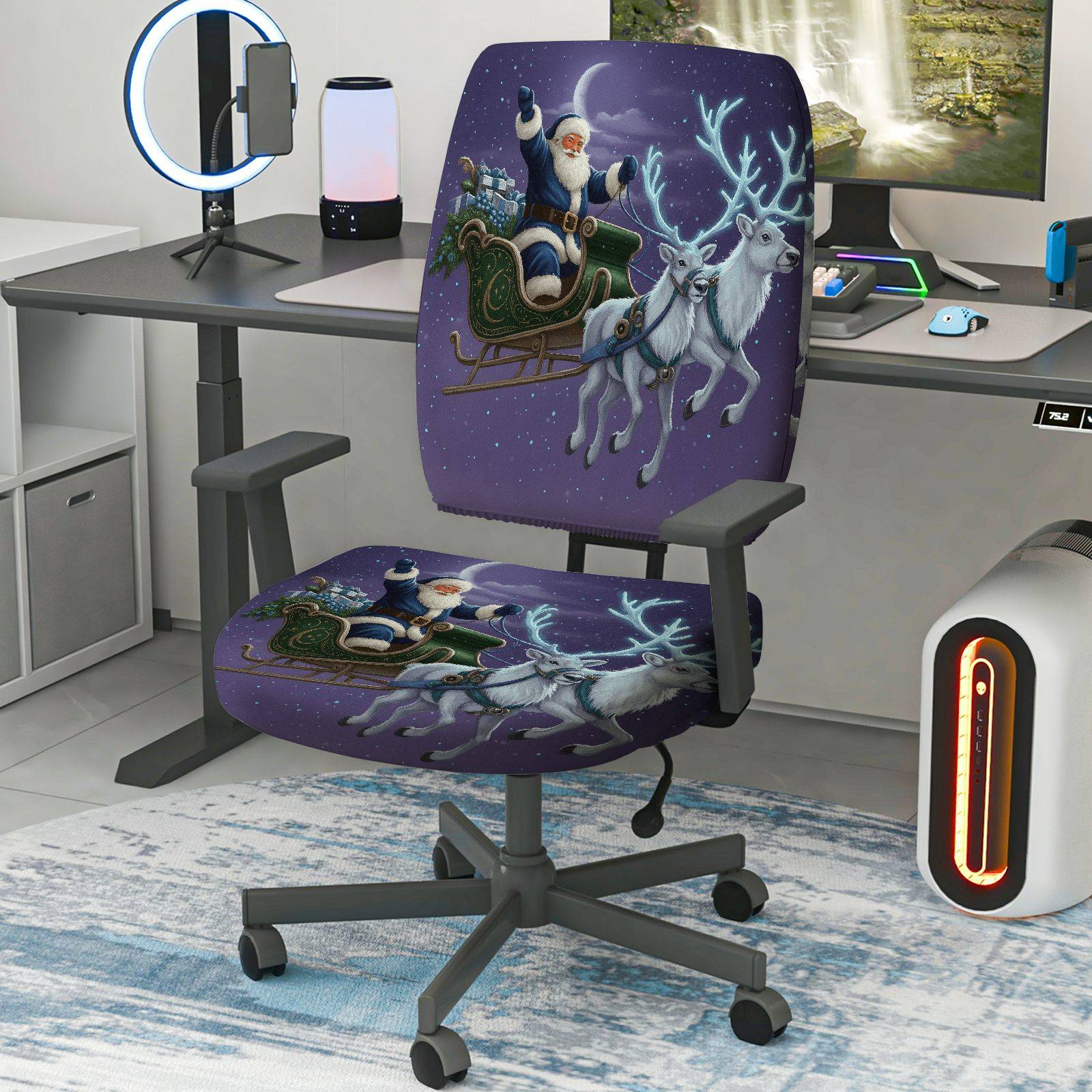 2-Piece Christmas Santa Sleigh Reindeer Moonlight Night  Computer Chair Cover Set, Seat and Backrest