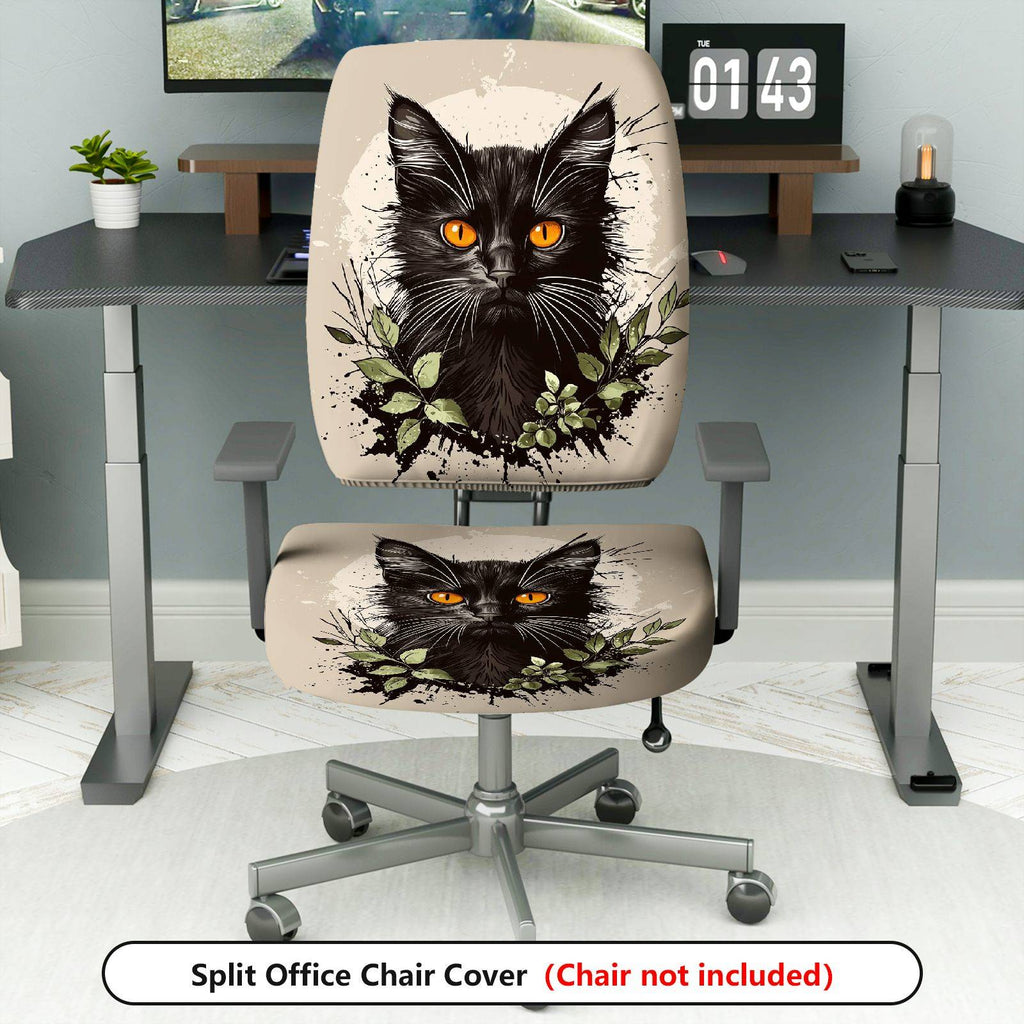 2-Piece Black Cat Floral Animal Pattern  Computer Chair Cover Set, Seat and Backrest