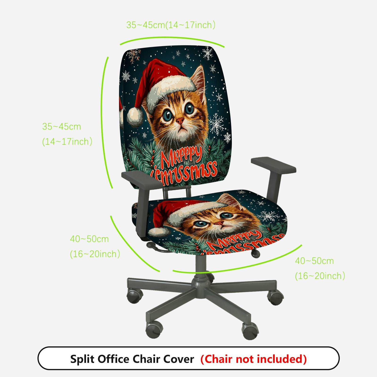 2-Piece Christmas Cat Santa Hat Snow Pine Tree  Computer Chair Cover Set, Seat and Backrest