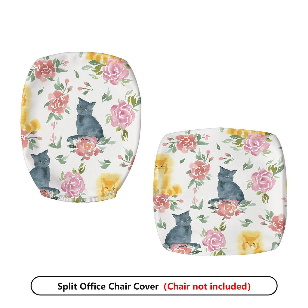 2-Piece Floral Cat Pattern Colorful Cute  Computer Chair Cover Set, Seat and Backrest