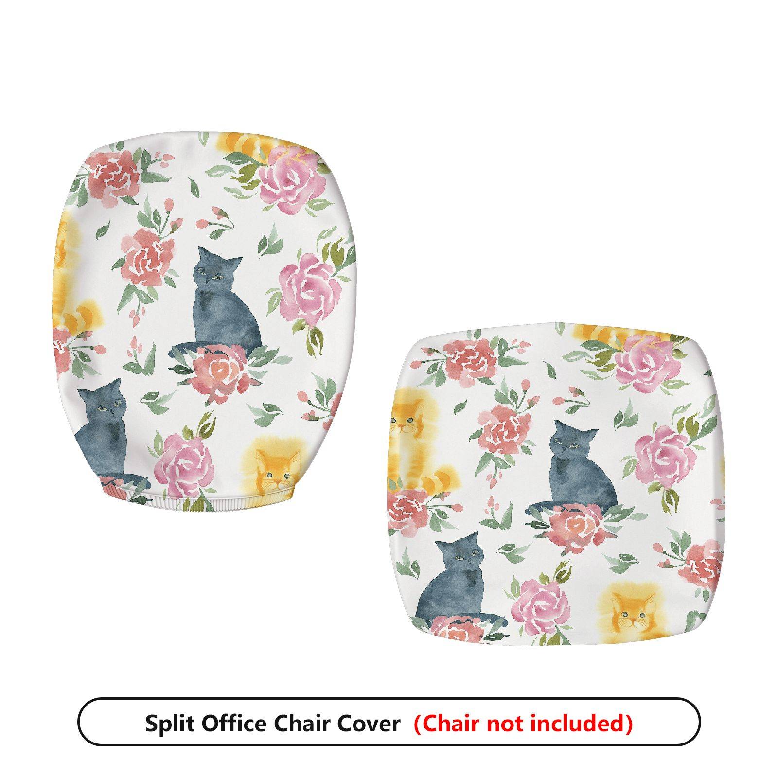 2-Piece Floral Cat Pattern Colorful Cute  Computer Chair Cover Set, Seat and Backrest