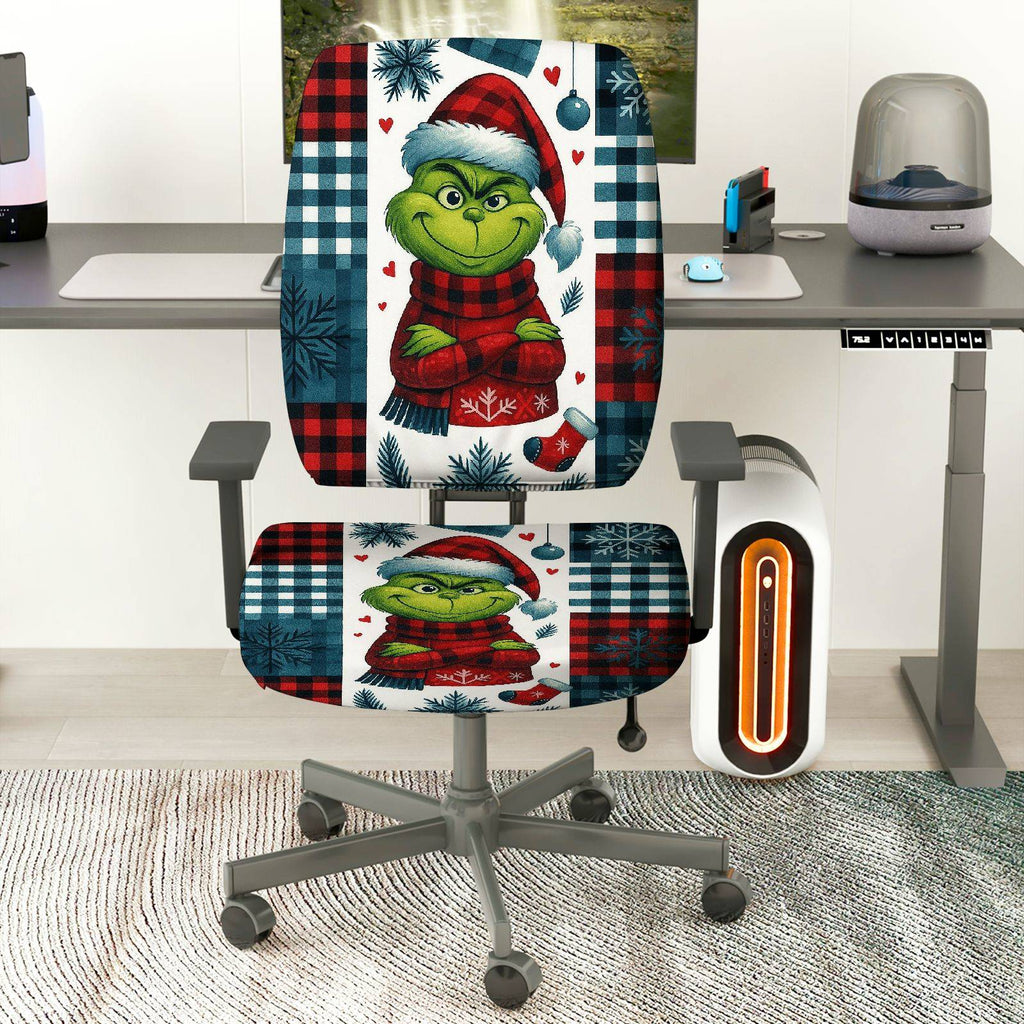2-Piece Christmas Grinch Plaid Snowflake Holiday  Computer Chair Cover Set, Seat and Backrest