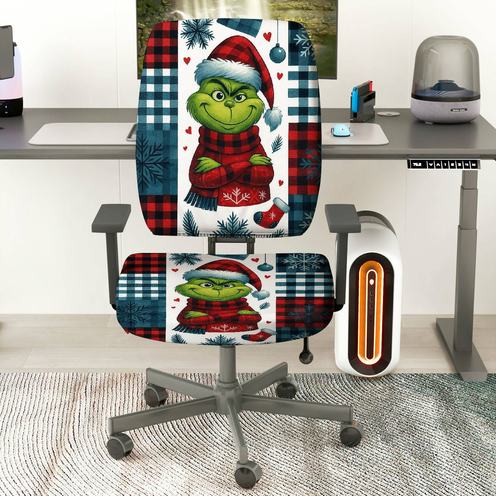 2-Piece Christmas Grinch Plaid Snowflake Holiday  Computer Chair Cover Set, Seat and Backrest