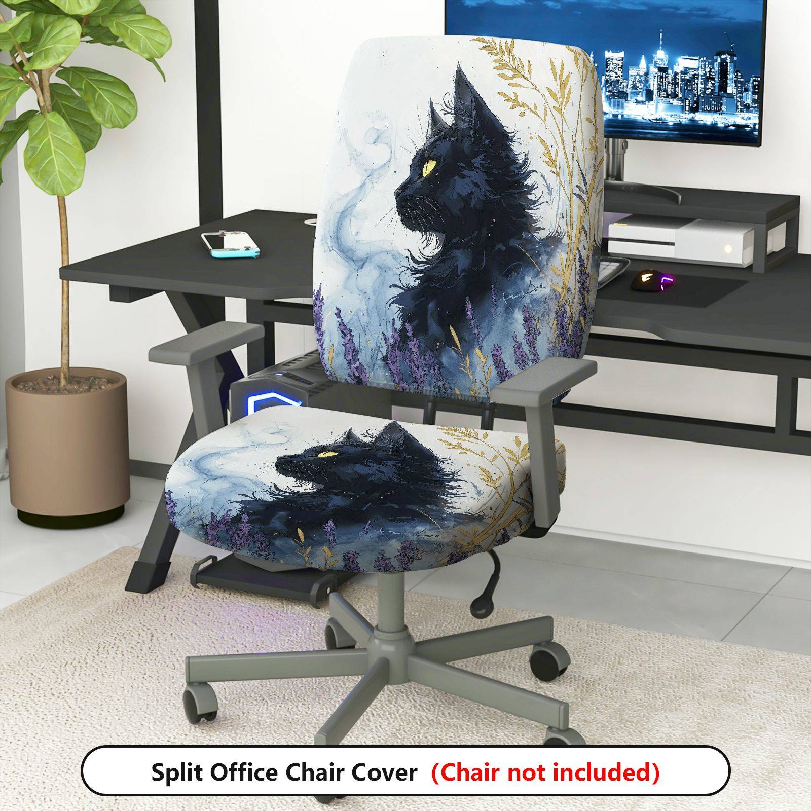 2-Piece Black Cat Gothic Mysterious Art Halloween  Computer Chair Cover Set, Seat and Backrest