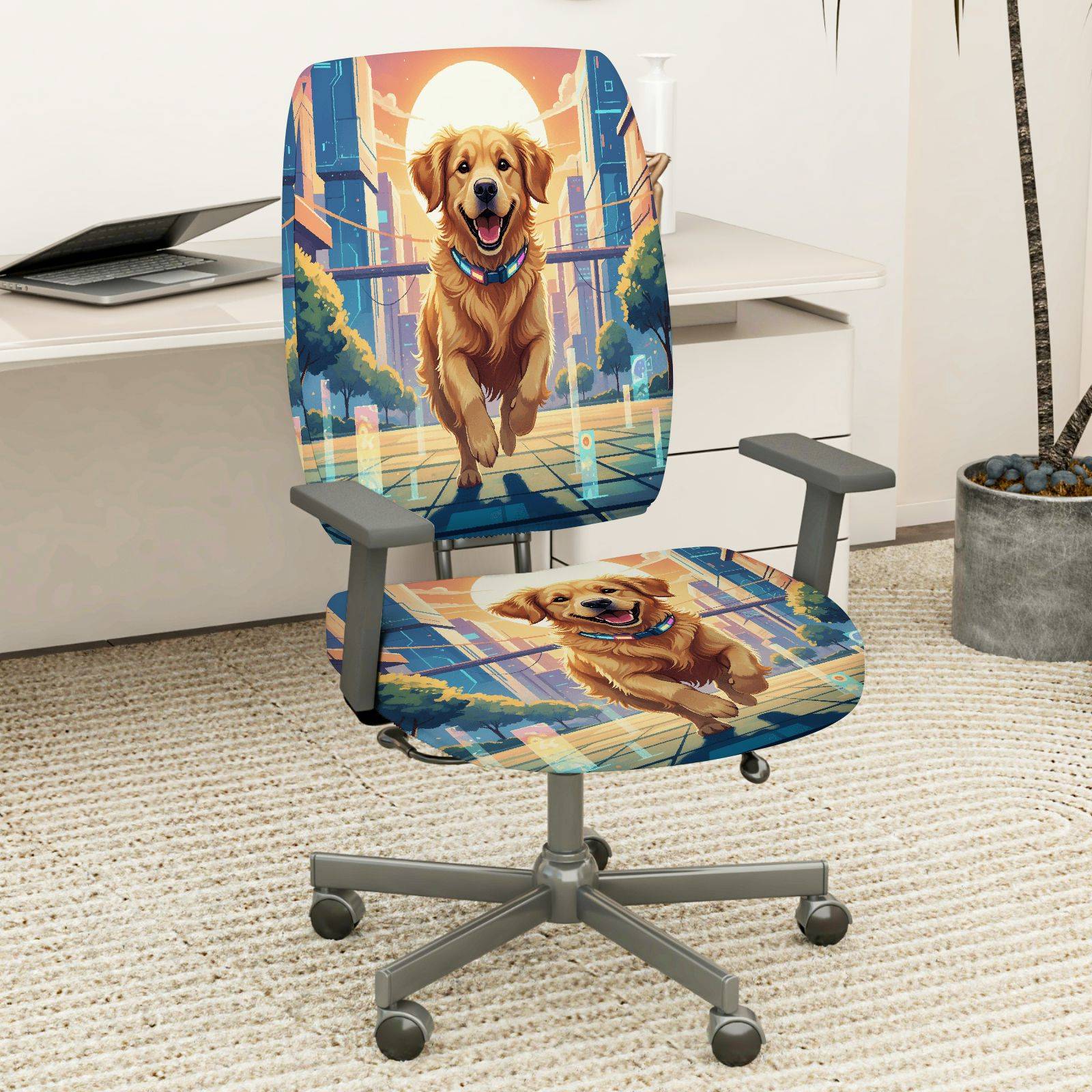 2-Piece Dog Cityscape Sunset Joyful Vibrant Playful  Computer Chair Cover Set, Seat and Backrest
