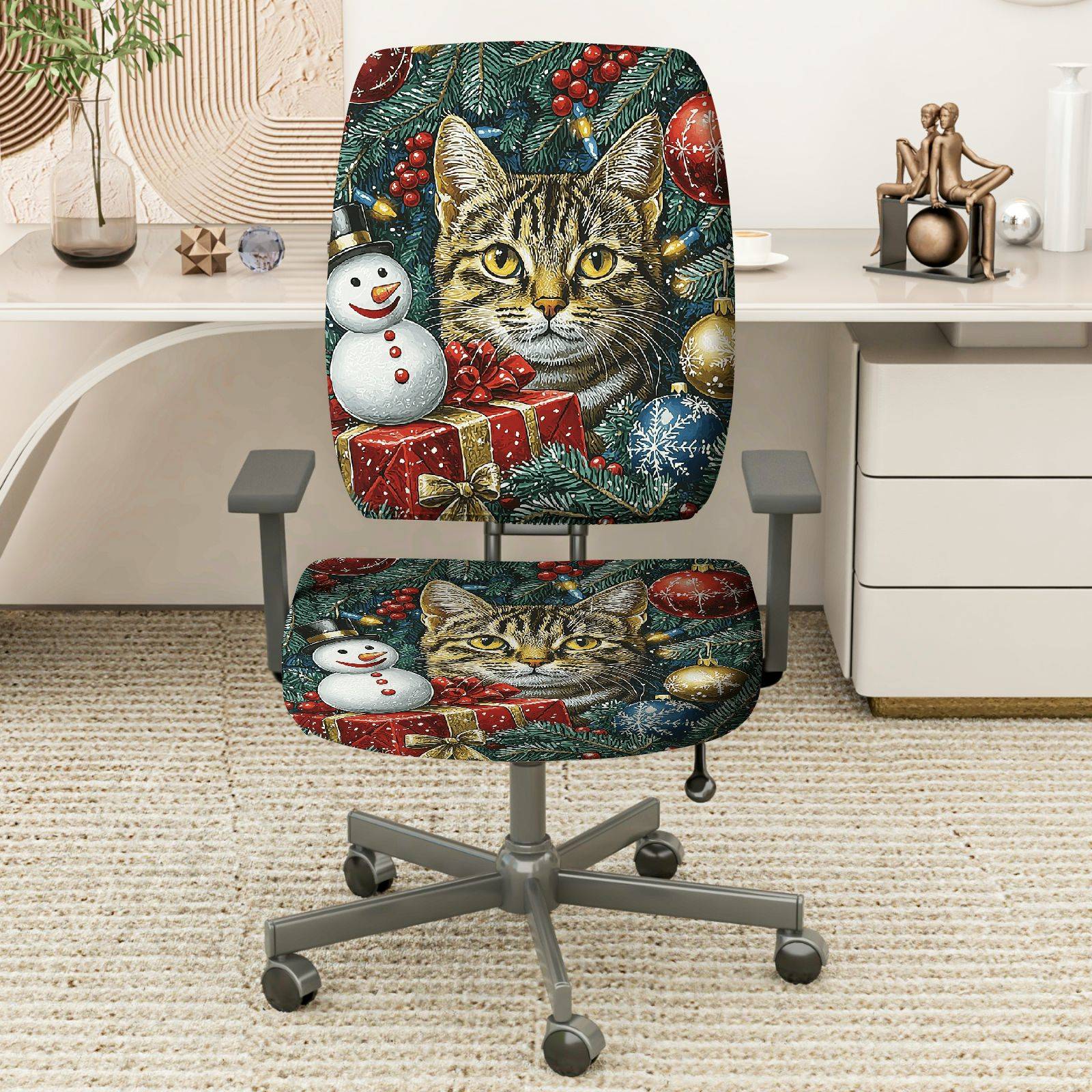 2-Piece Christmas Cat Snowman Present Decorative Holiday  Computer Chair Cover Set, Seat and Backrest