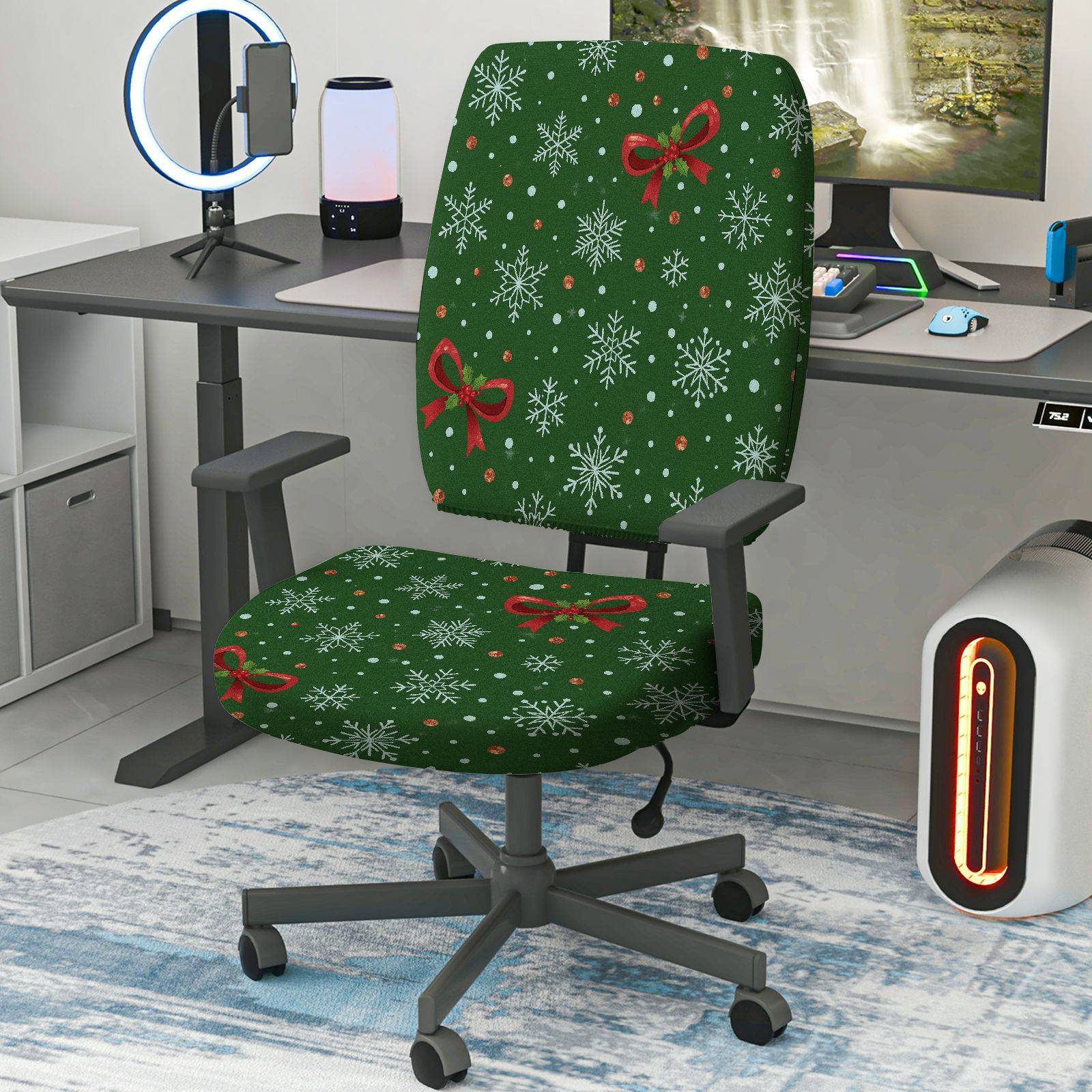 2-Piece Christmas Holiday Festive Snowflake Bow  Computer Chair Cover Set, Seat and Backrest