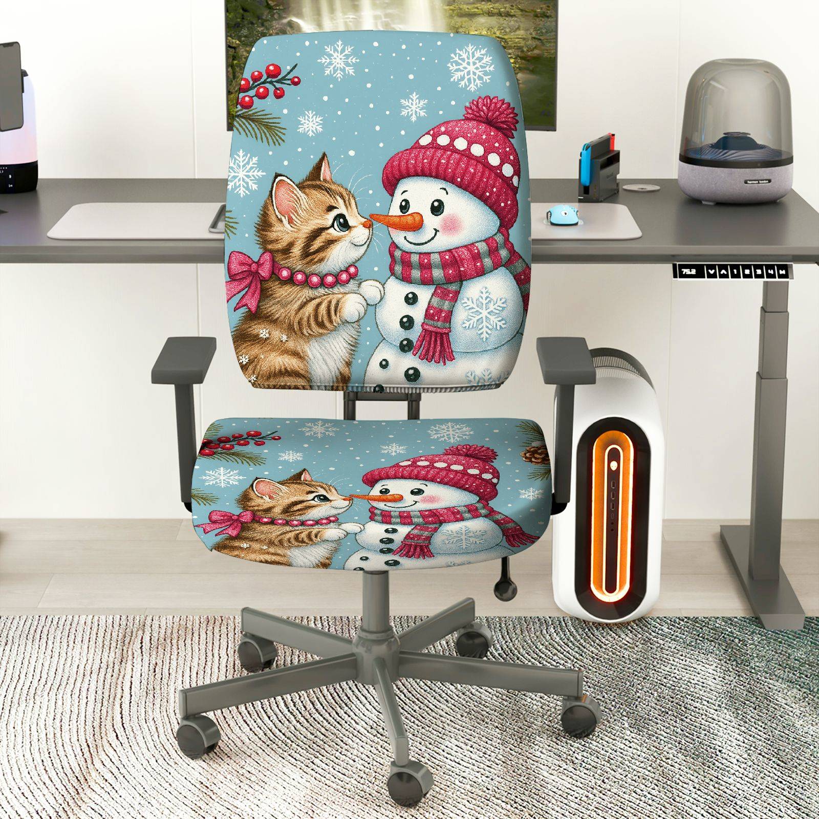 2-Piece Snowman Cat Christmas Winter Holiday Festival  Computer Chair Cover Set, Seat and Backrest