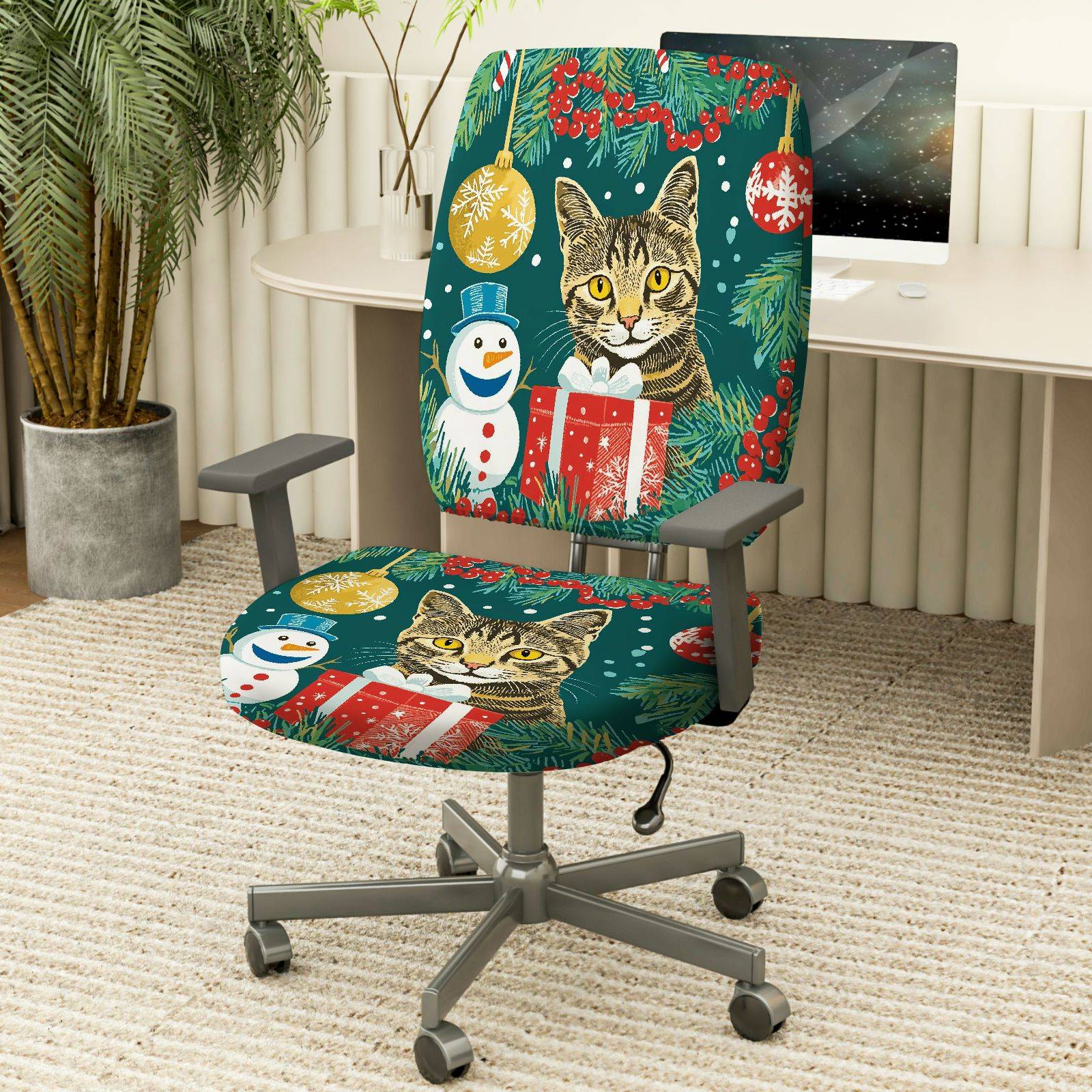 2-Piece Christmas Cat Snowman Gift Holiday  Computer Chair Cover Set, Seat and Backrest