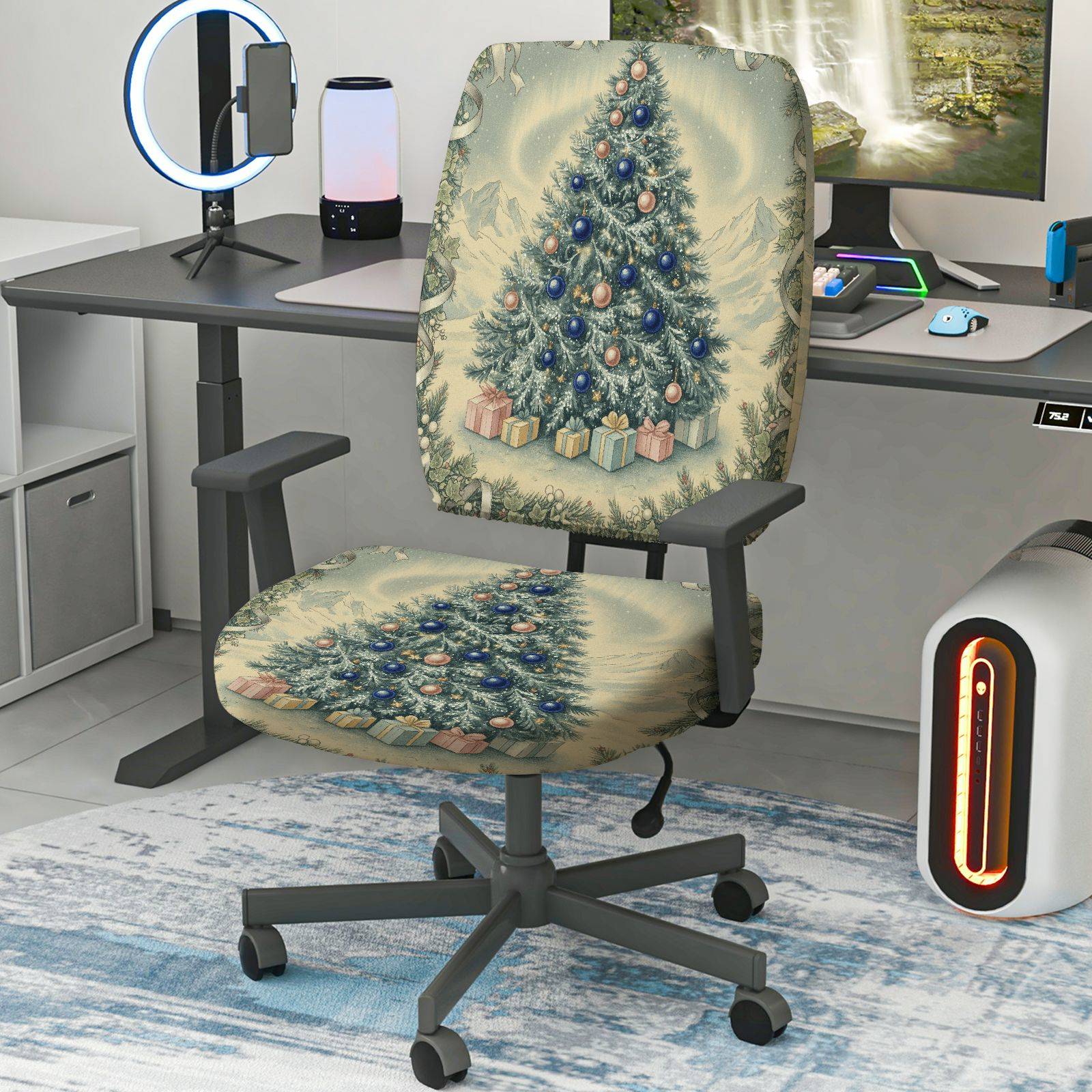 2-Piece Christmas Tree Holiday Gift Decoration Snow  Computer Chair Cover Set, Seat and Backrest