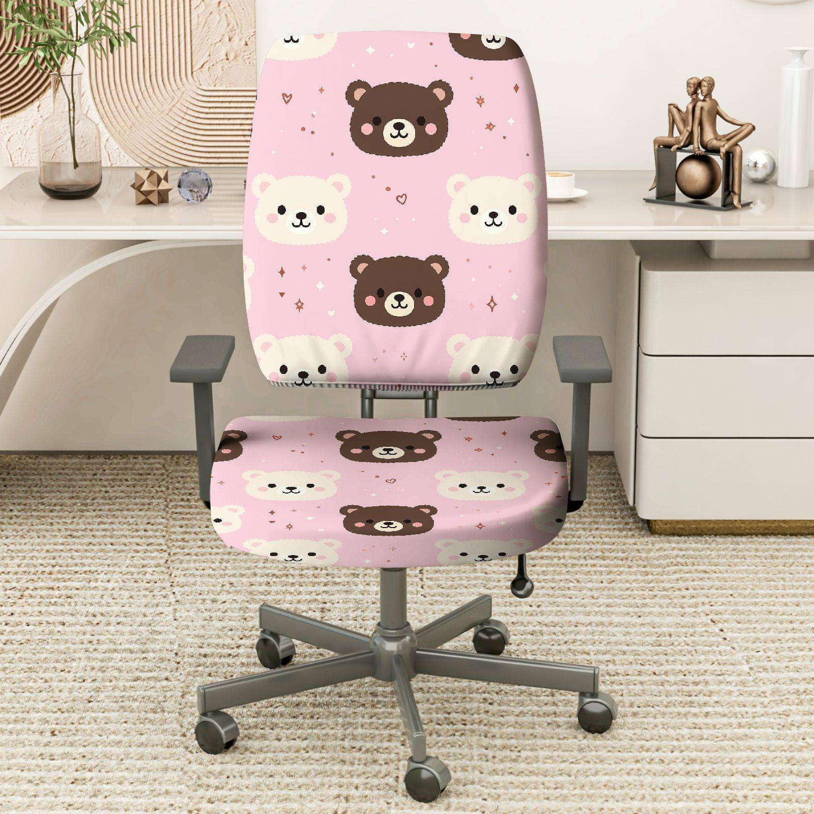 2-Piece Cute Bear Pink Fun Sweet Home  Computer Chair Cover Set, Seat and Backrest