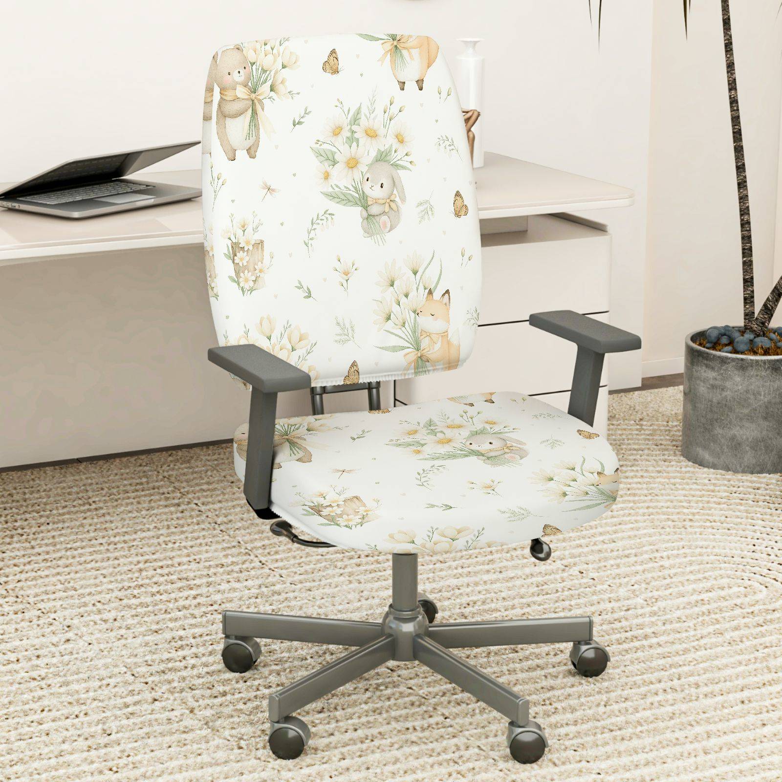 2-Piece Cute Animal Pastel Floral Spring-Inspired Decorative  Computer Chair Cover Set, Seat and Backrest