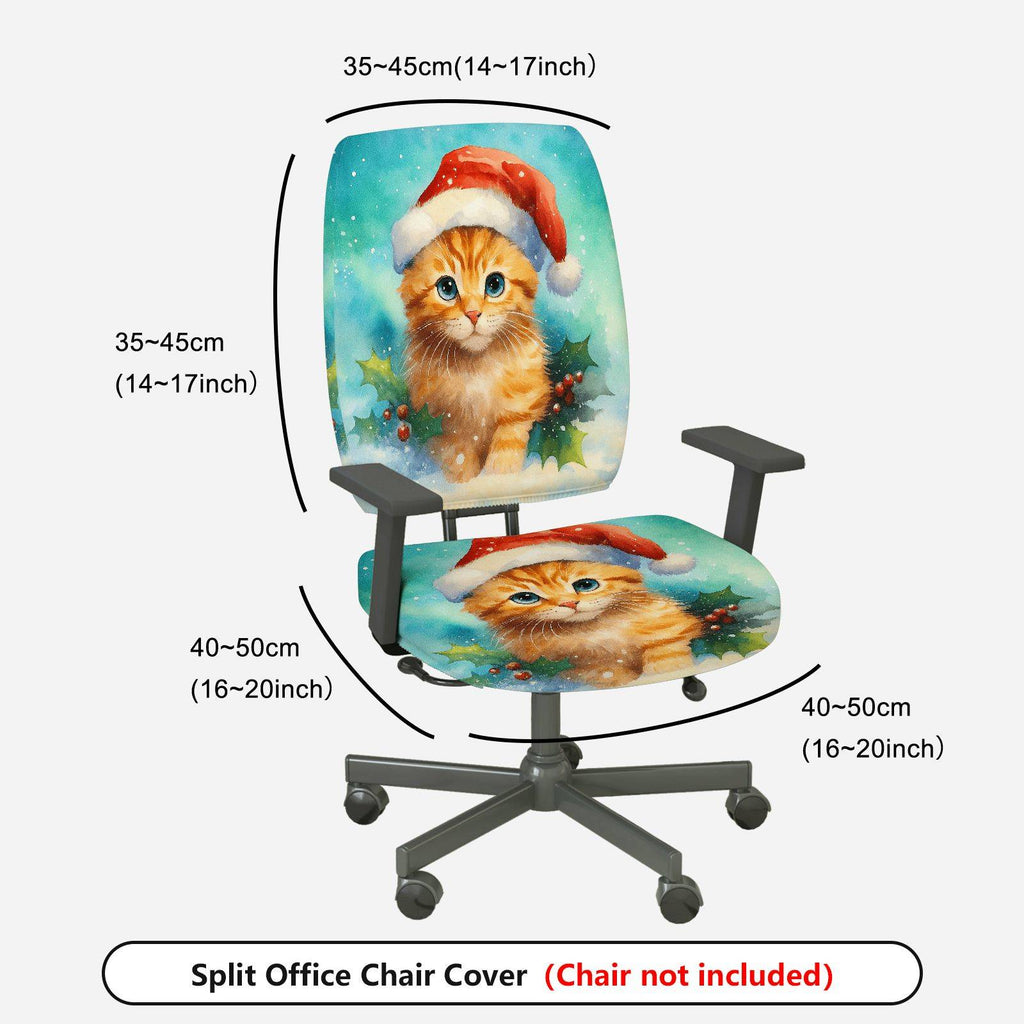 2-Piece Christmas Santa Cat Holly Snow Winter  Computer Chair Cover Set, Seat and Backrest