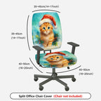 2-Piece Christmas Santa Cat Holly Snow Winter  Computer Chair Cover Set, Seat and Backrest