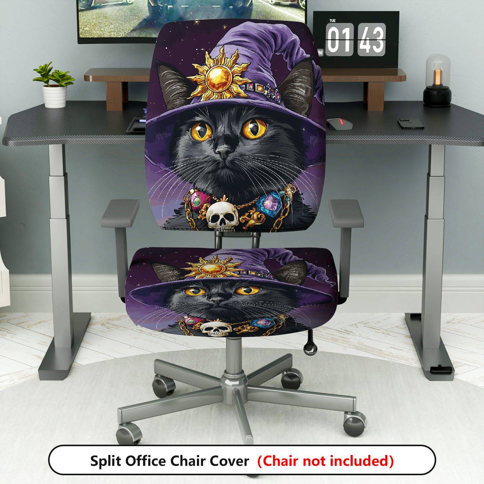 2-Piece Halloween Witch Cat Skull Magic  Computer Chair Cover Set, Seat and Backrest