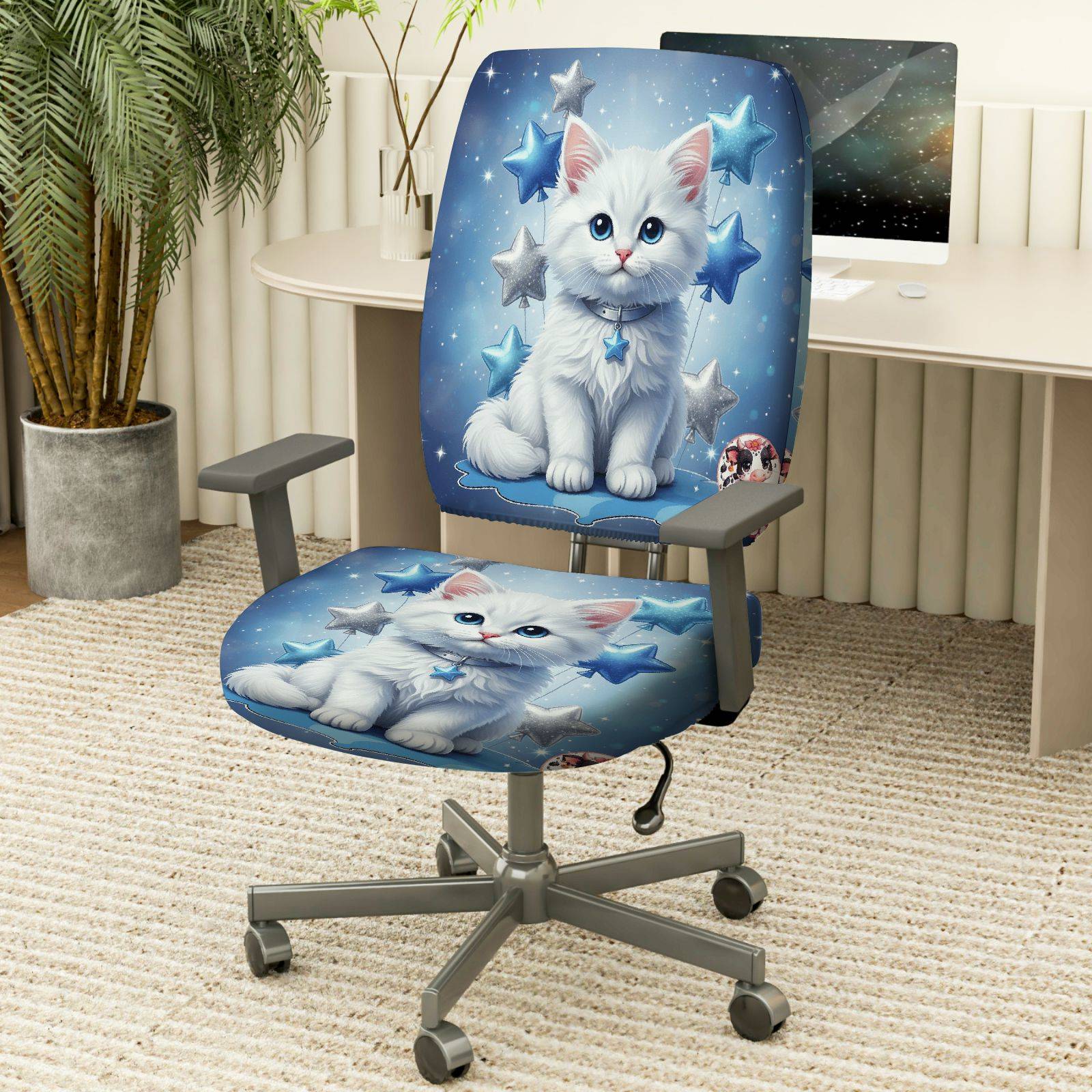2-Piece Cute Cat Starry Blue Fantasy  Computer Chair Cover Set, Seat and Backrest