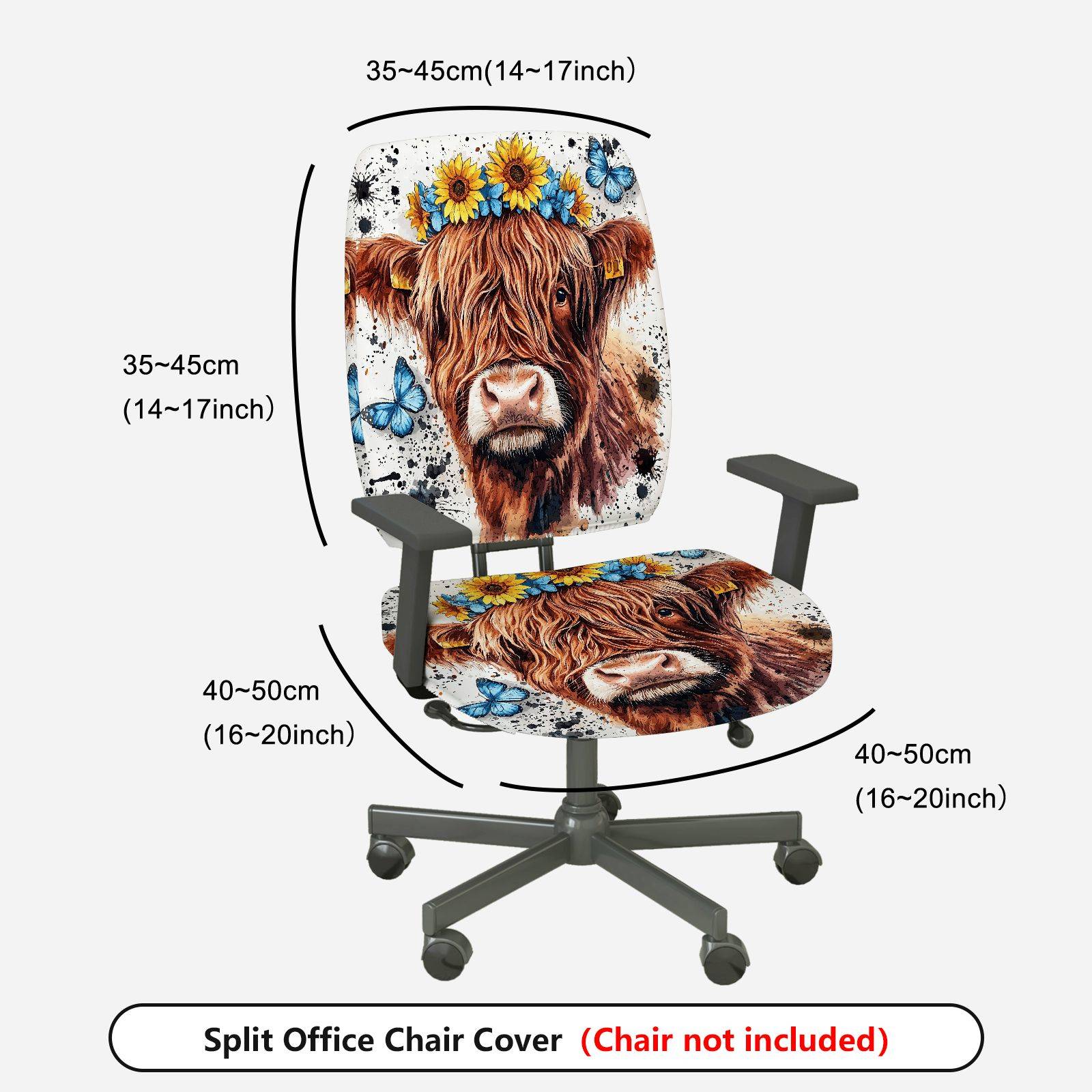 2-Piece Sunflower Butterfly Cow Animal Art  Computer Chair Cover Set, Seat and Backrest