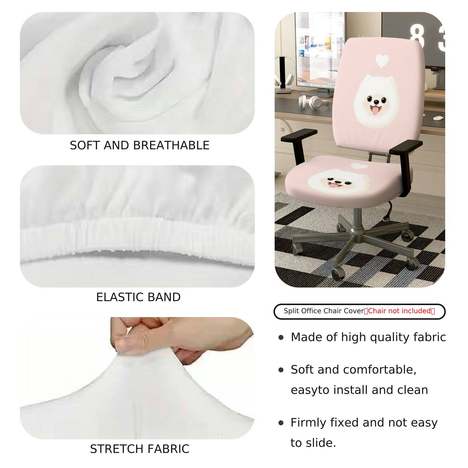 2-Piece Cute Dog Heart Pink Print  Computer Chair Cover Set, Seat and Backrest