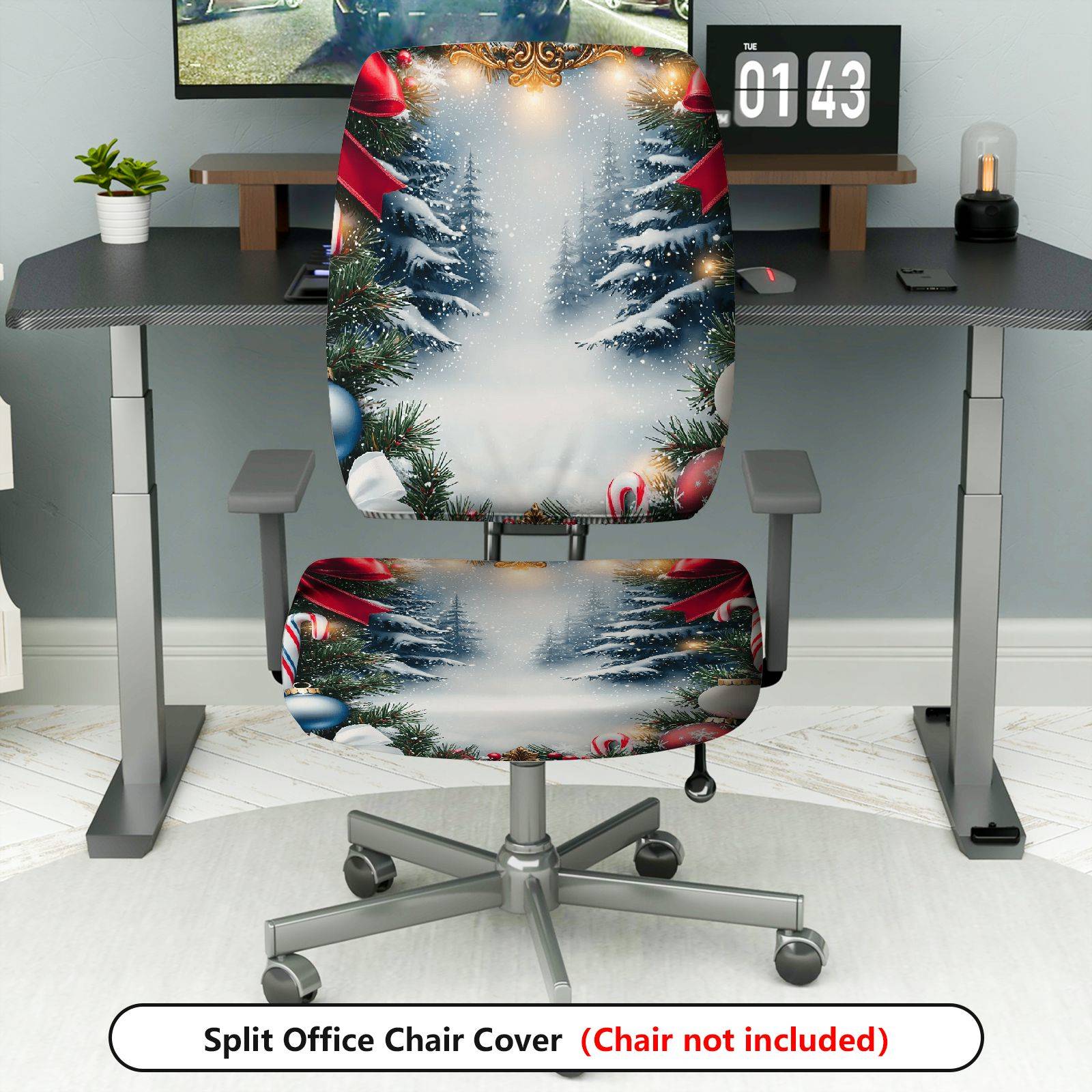 2-Piece Christmas Winter Snow Forest Tree Red Ribbon  Computer Chair Cover Set, Seat and Backrest