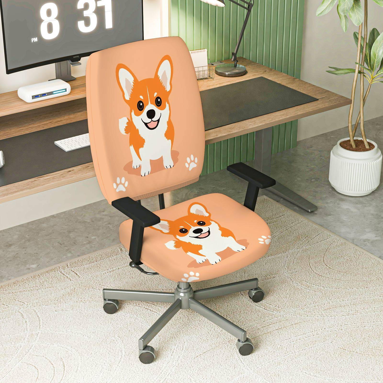 2-Piece Cute Dog Animal Print Fun Decorative Novelty  Computer Chair Cover Set, Seat and Backrest