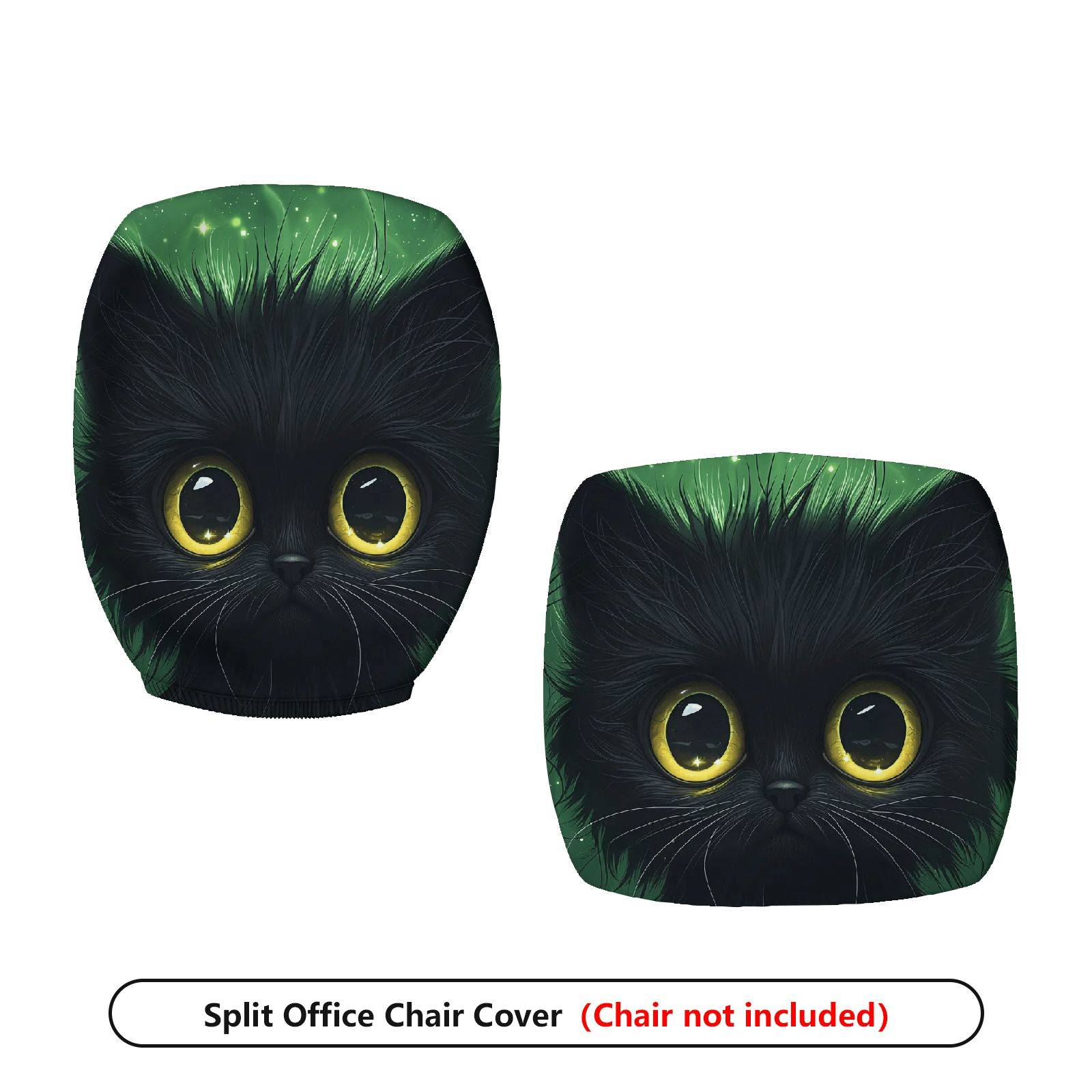 2-Piece Cute Black Cat Green Artistic Vibrant Halloween  Computer Chair Cover Set, Seat and Backrest