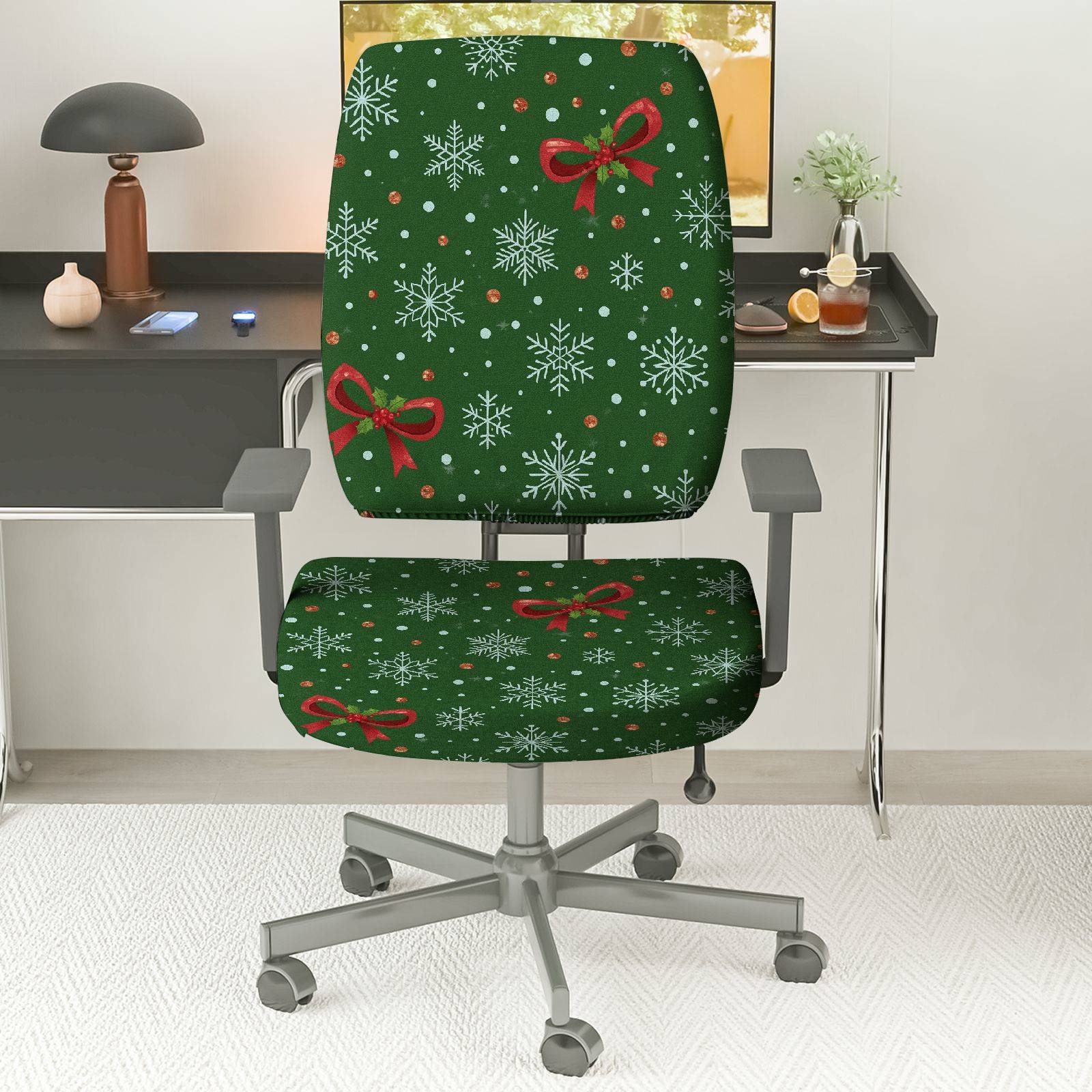 2-Piece Christmas Holiday Festive Snowflake Bow  Computer Chair Cover Set, Seat and Backrest