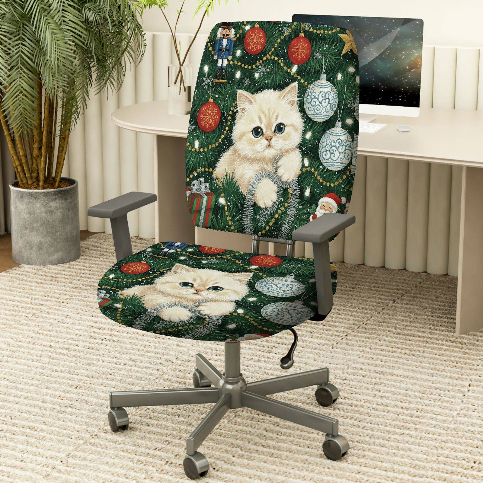 2-Piece Christmas Cute Cat Festive Ornament Santa Holiday  Computer Chair Cover Set, Seat and Backrest