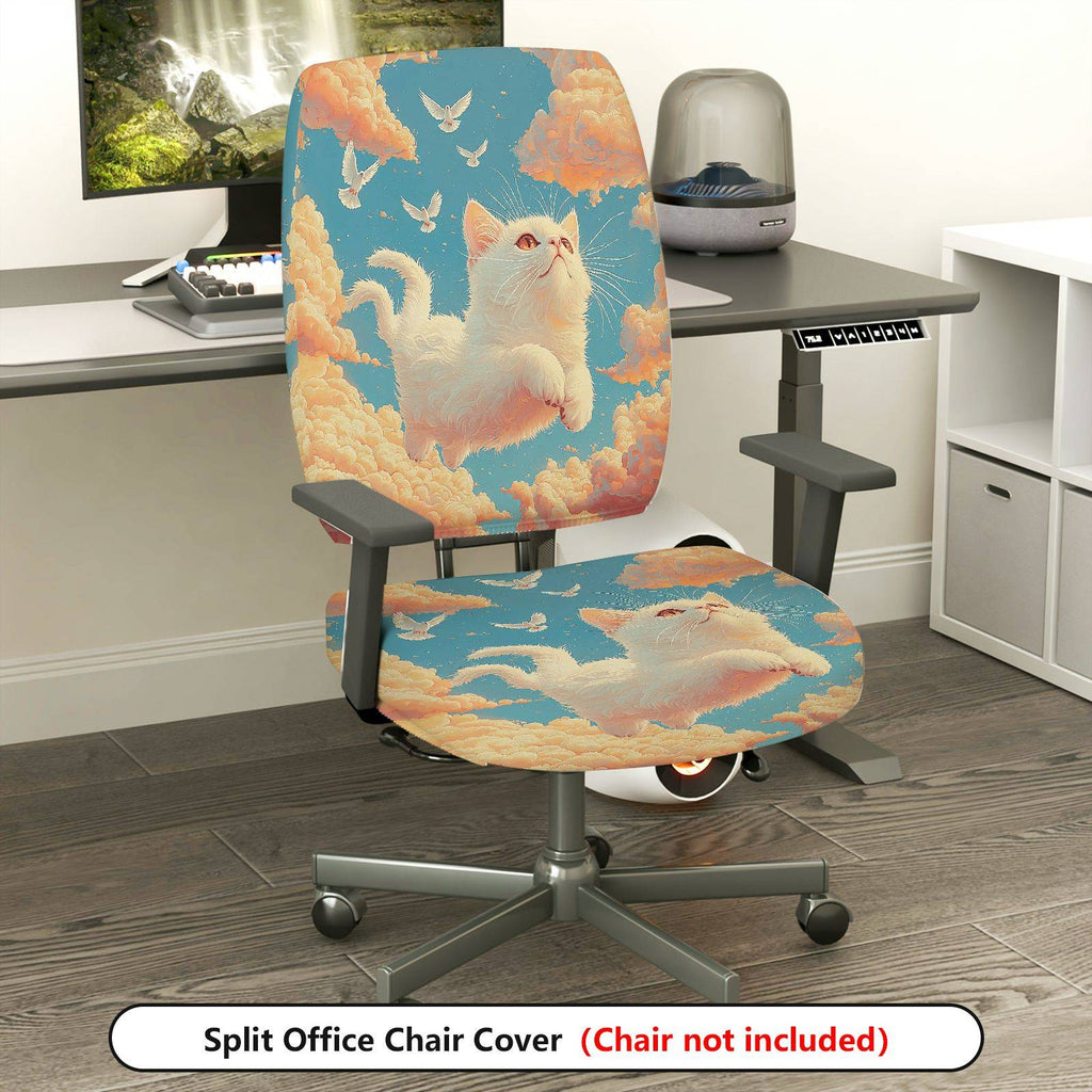 2-Piece Cute Cat Sky Clouds Birds  Computer Chair Cover Set, Seat and Backrest