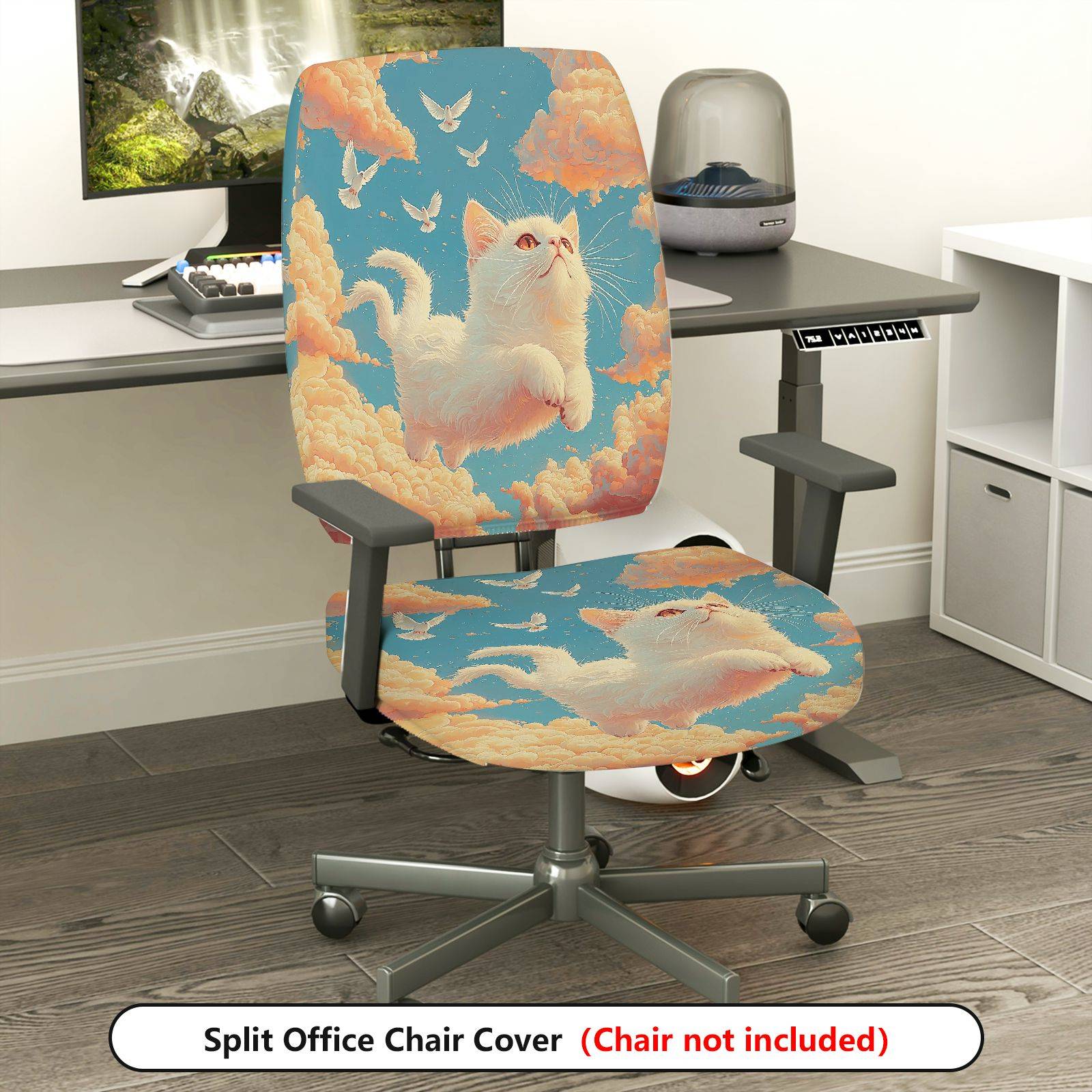 2-Piece Cute Cat Sky Clouds Birds  Computer Chair Cover Set, Seat and Backrest