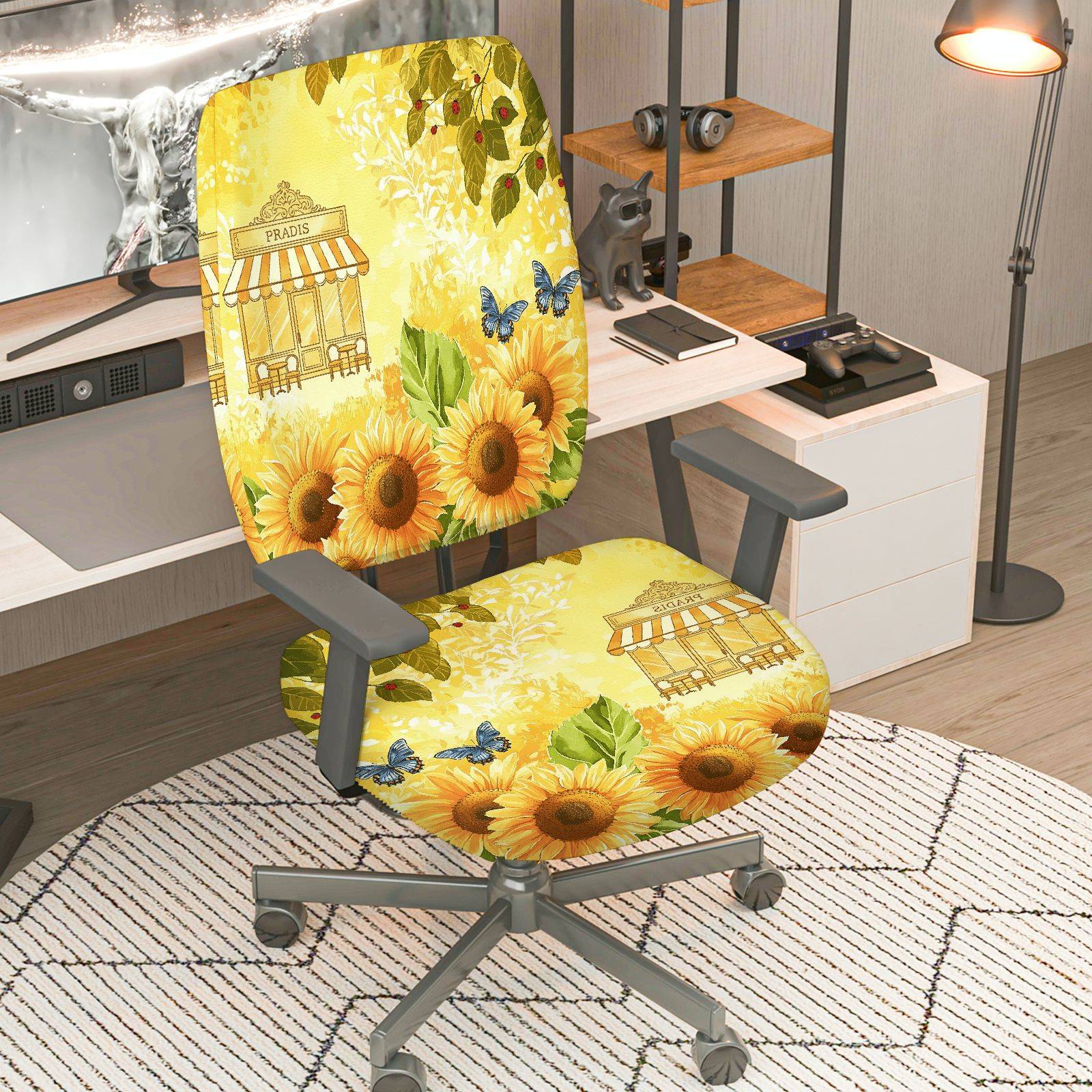 2-Piece Sunflower Butterfly Paris Cafe Floral  Computer Chair Cover Set, Seat and Backrest