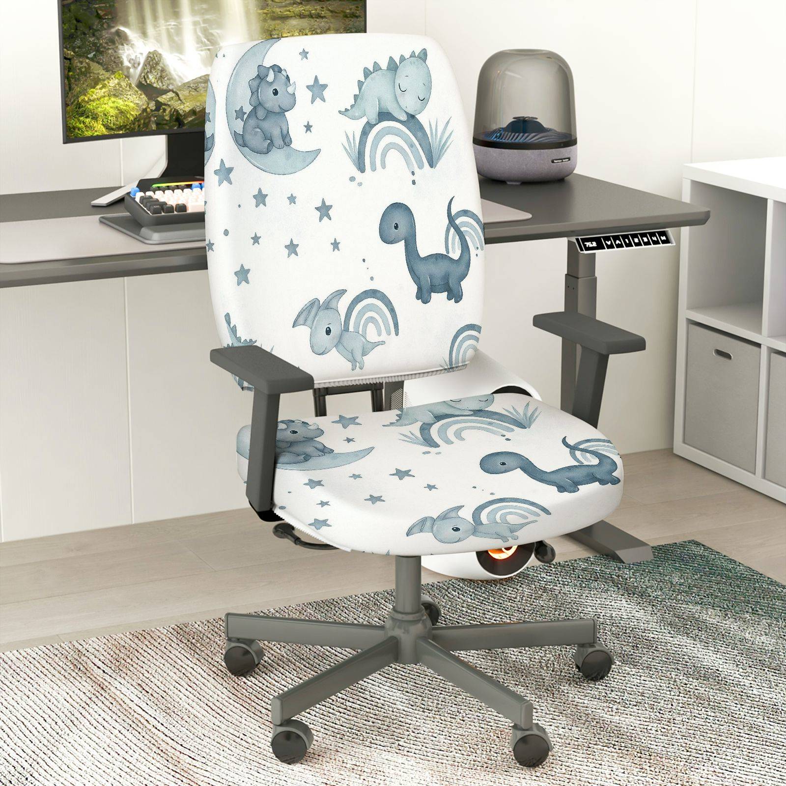 2-Piece Cute Dinosaur Star Moon Rainbow Animal  Computer Chair Cover Set, Seat and Backrest