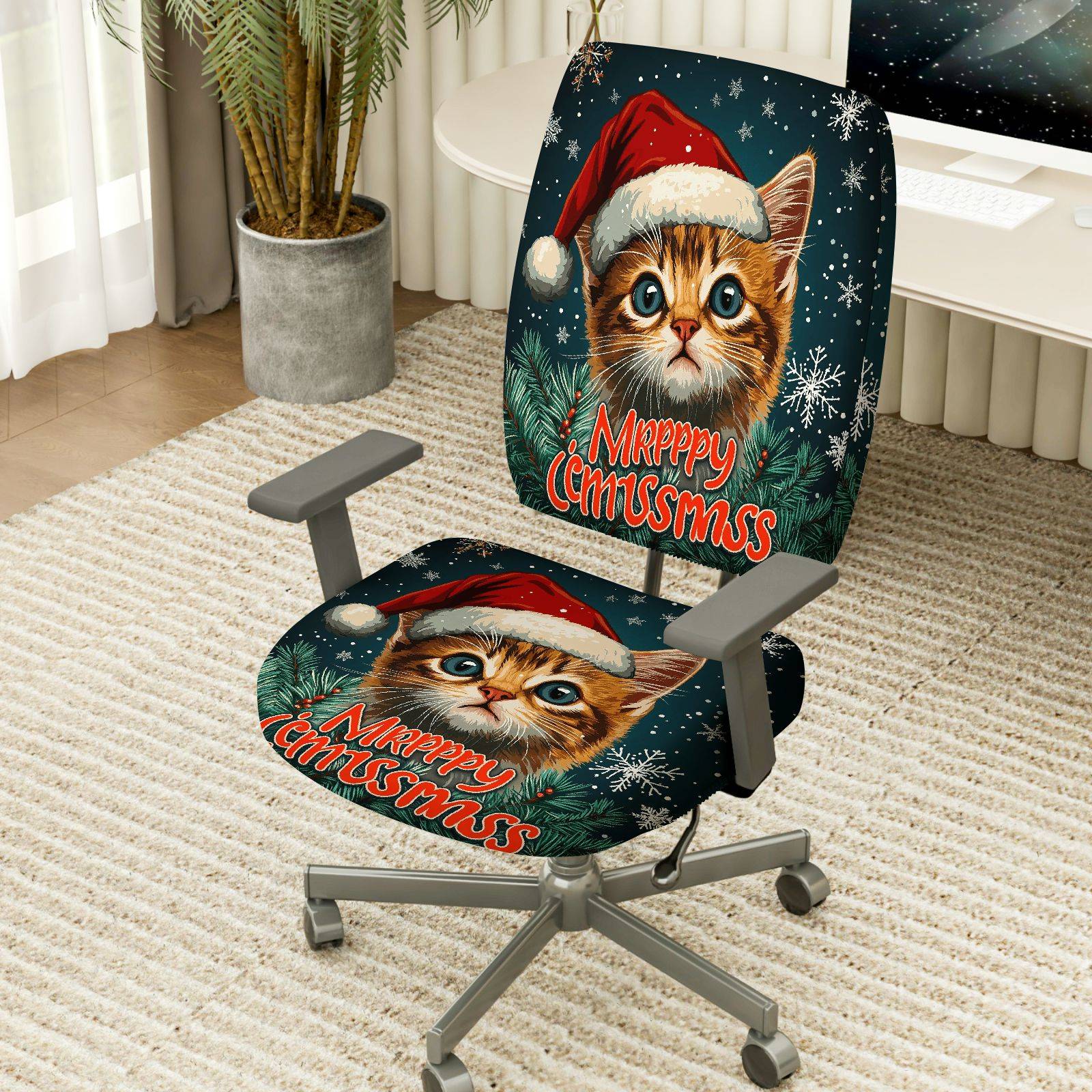2-Piece Christmas Cat Santa Hat Snow Pine Tree  Computer Chair Cover Set, Seat and Backrest