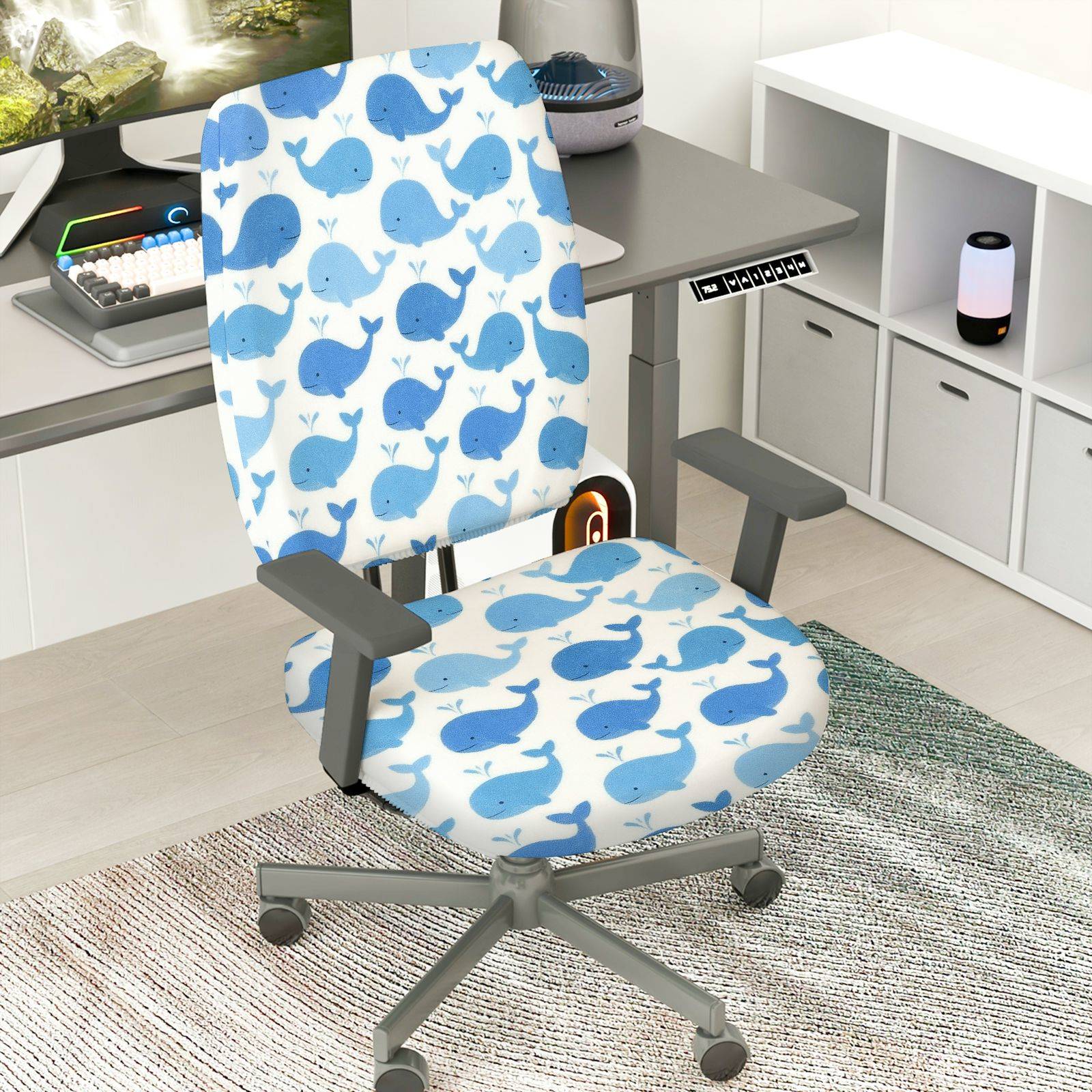 2-Piece Whale Pattern Blue White Fun Cute  Computer Chair Cover Set, Seat and Backrest