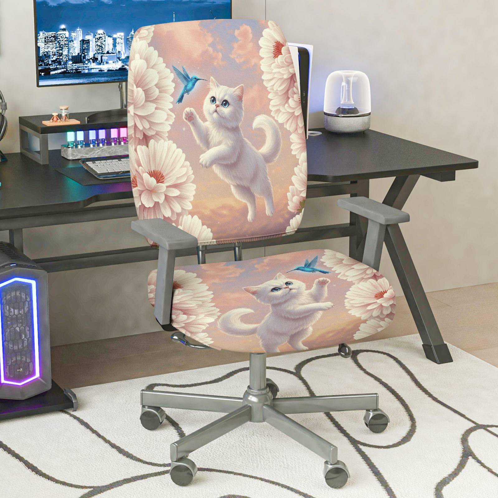 2-Piece Floral Cat Bird Clouds Sunset  Computer Chair Cover Set, Seat and Backrest