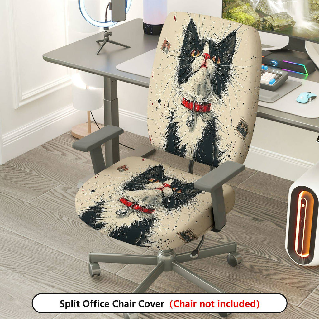 2-Piece Cat Art Vintage Unique Stylish Fun  Computer Chair Cover Set, Seat and Backrest