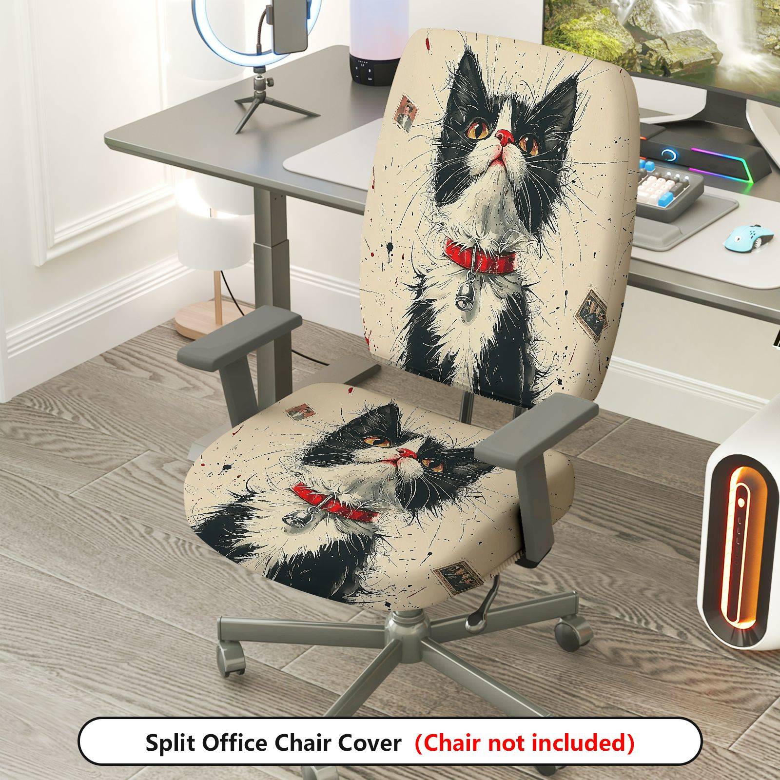 2-Piece Cat Art Vintage Unique Stylish Fun  Computer Chair Cover Set, Seat and Backrest