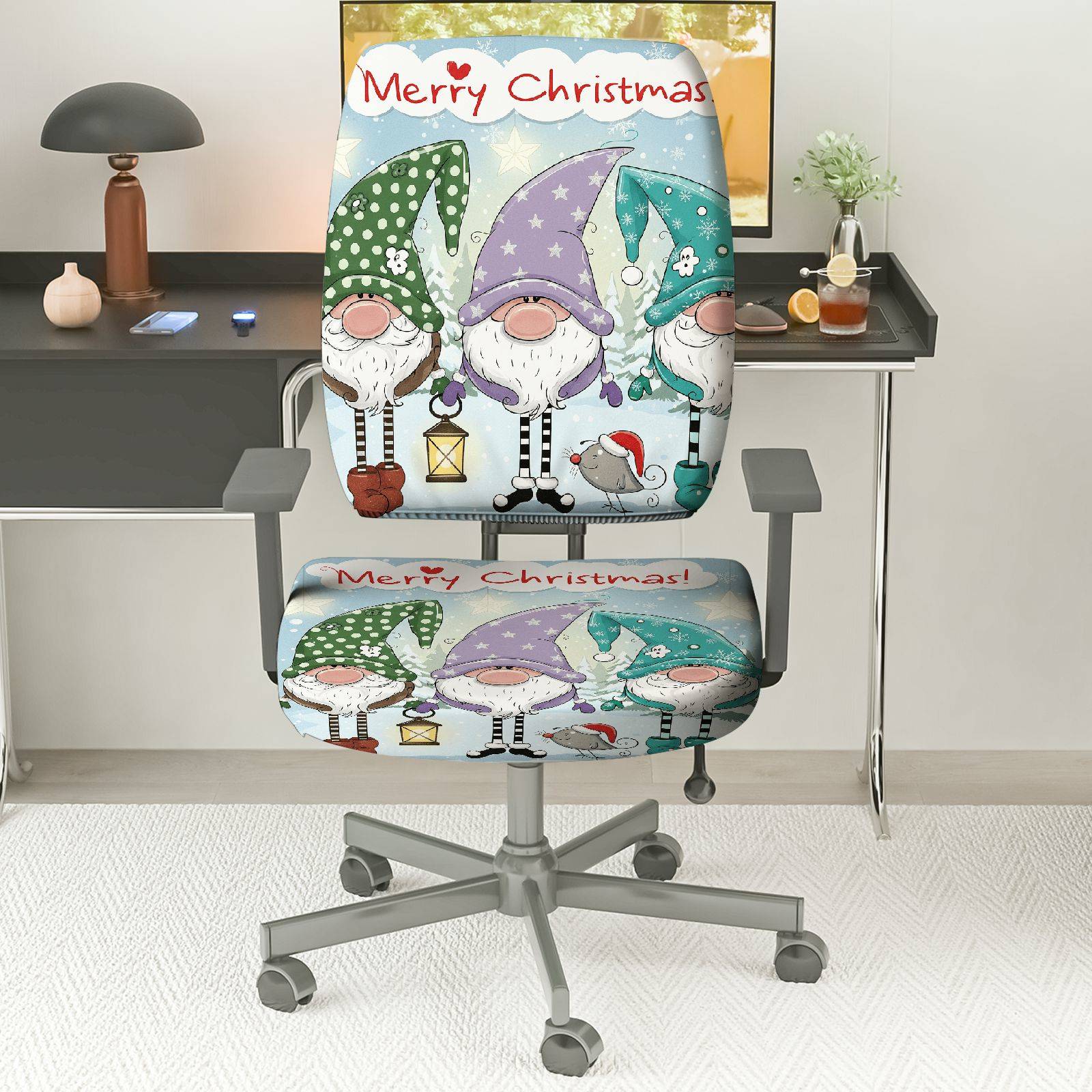 2-Piece Christmas Gnomes Snowflakes Santa Stars Lanterns  Computer Chair Cover Set, Seat and Backrest