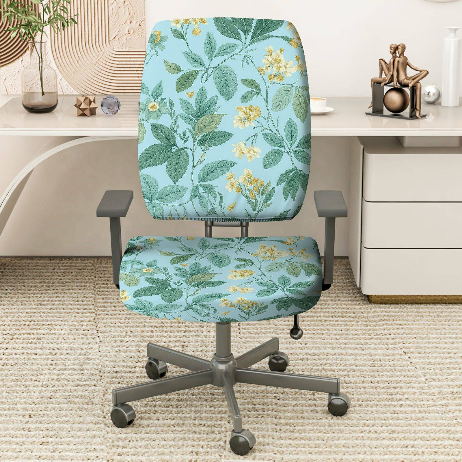 2-Piece Floral Green Yellow Botanical Pattern  Computer Chair Cover Set, Seat and Backrest