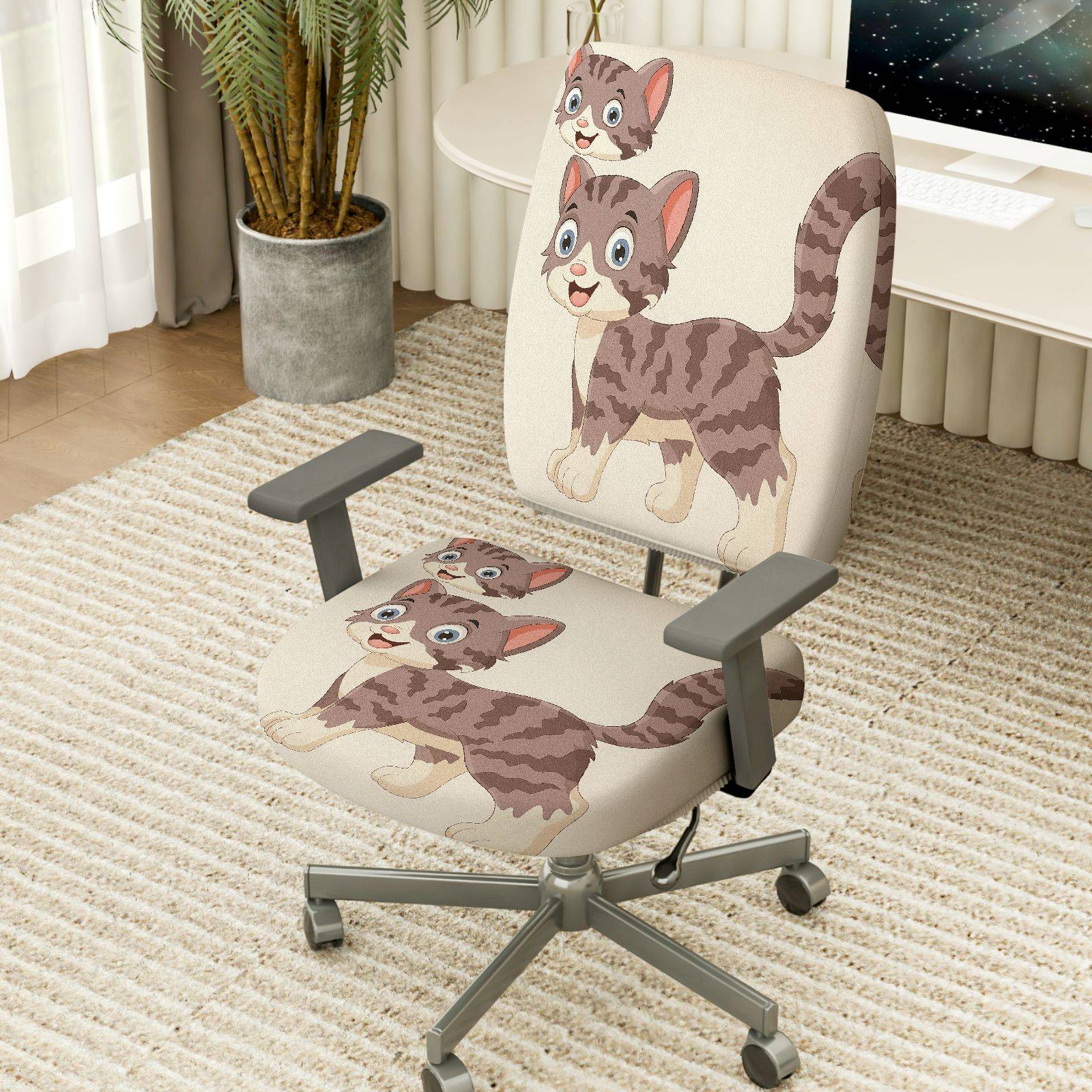 2-Piece Cute Cat Pattern Animal  Computer Chair Cover Set, Seat and Backrest
