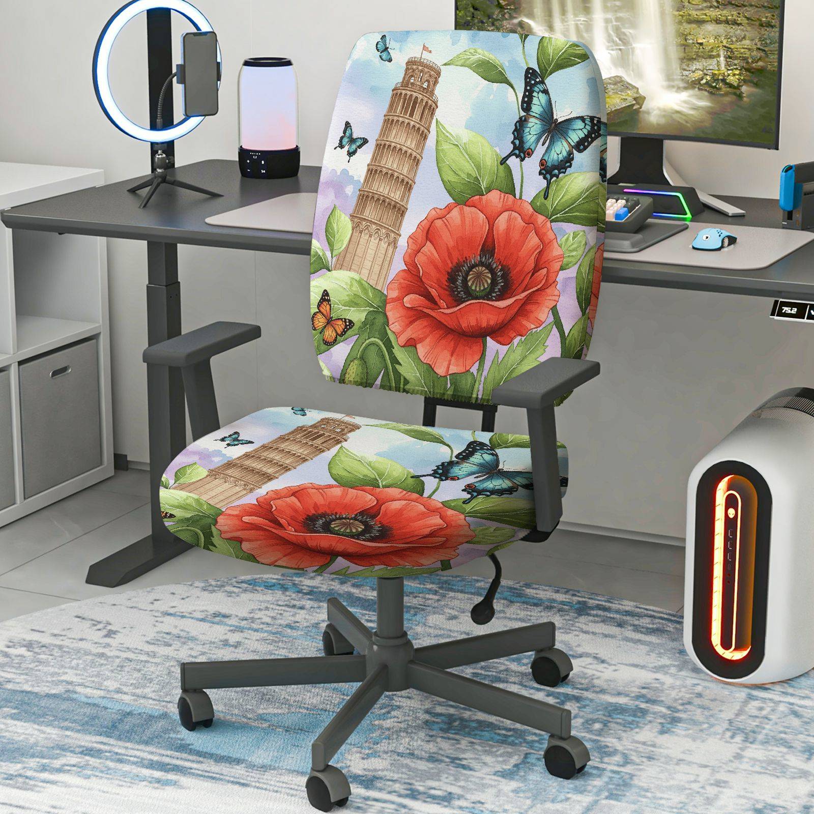 2-Piece Butterfly Flower Tower Nature Art Fun  Computer Chair Cover Set, Seat and Backrest