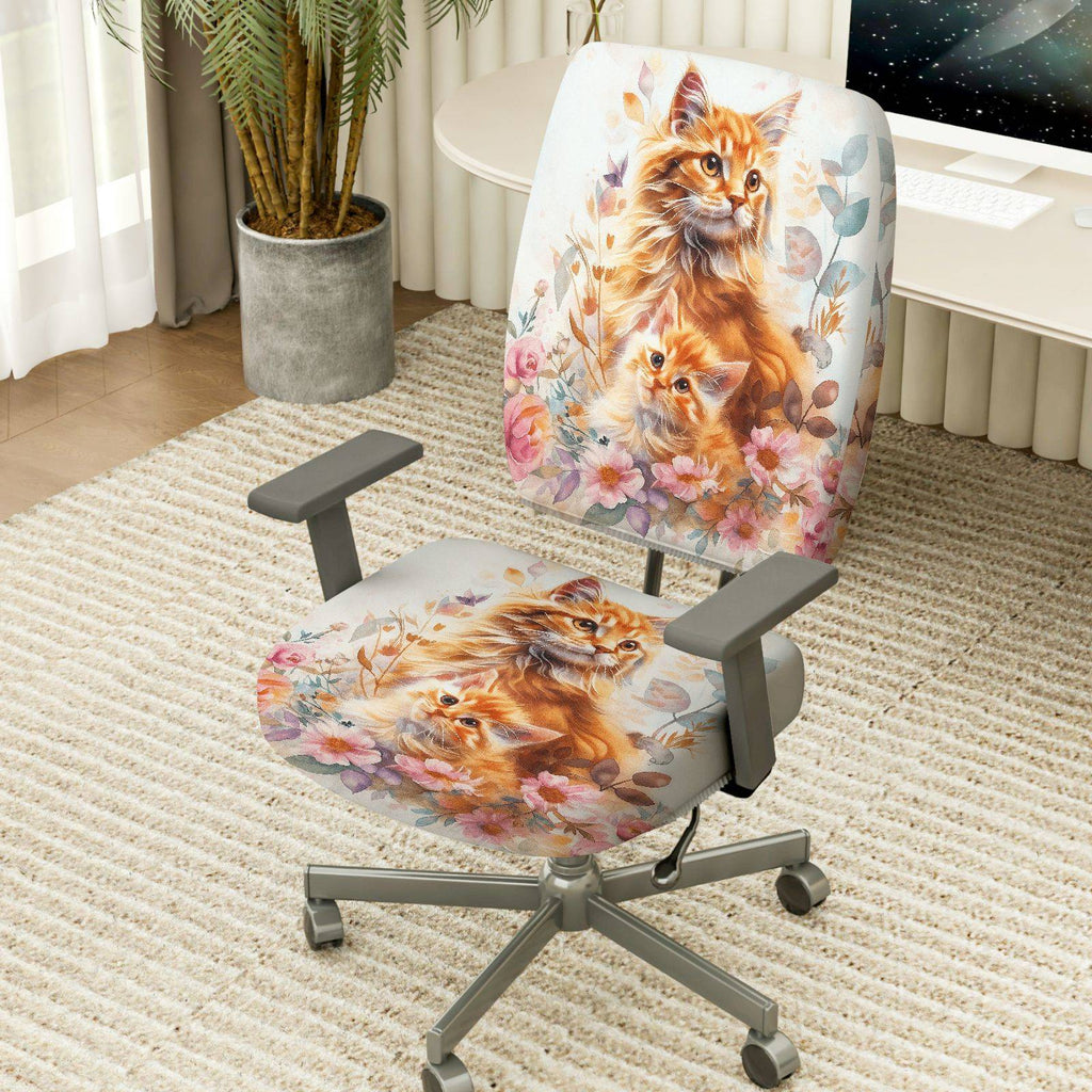 2-Piece Cute Floral Cat Animal Art  Computer Chair Cover Set, Seat and Backrest