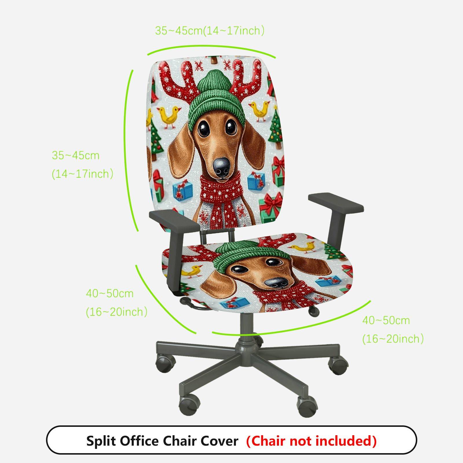 2-Piece Christmas Reindeer Dog Green Hat Festive Gift  Computer Chair Cover Set, Seat and Backrest