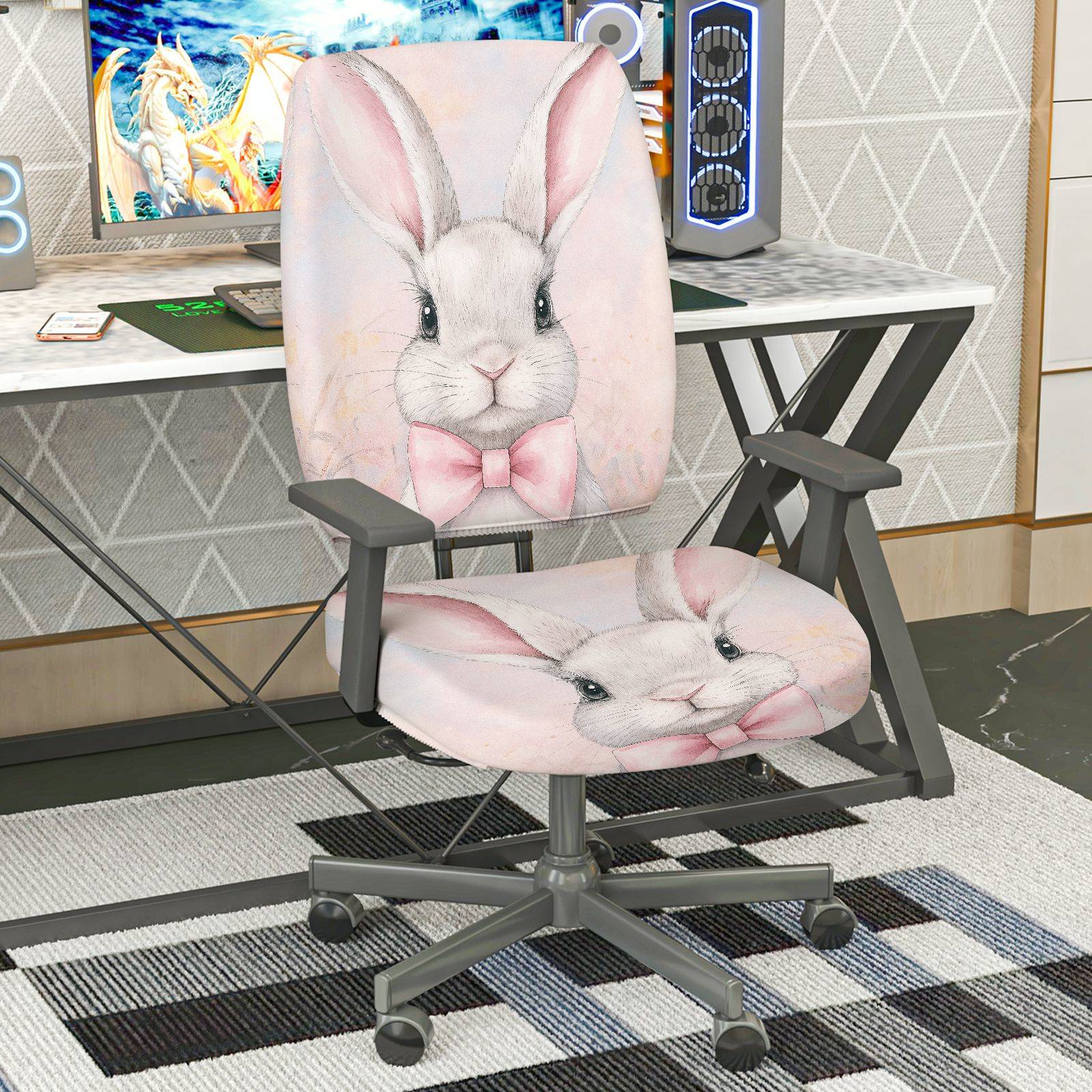 2-Piece Bunny Bow Pink Pattern Cute  Computer Chair Cover Set, Seat and Backrest