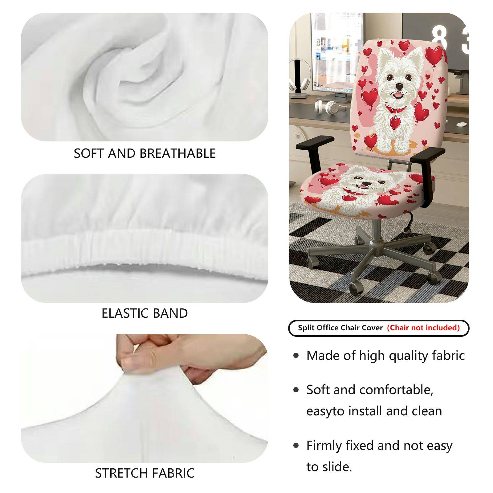 2-Piece Cute Valentine Dog Heart Love Romantic  Computer Chair Cover Set, Seat and Backrest