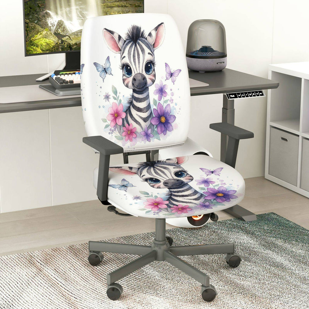 2-Piece Zebra Flower Butterfly Cute  Computer Chair Cover Set, Seat and Backrest