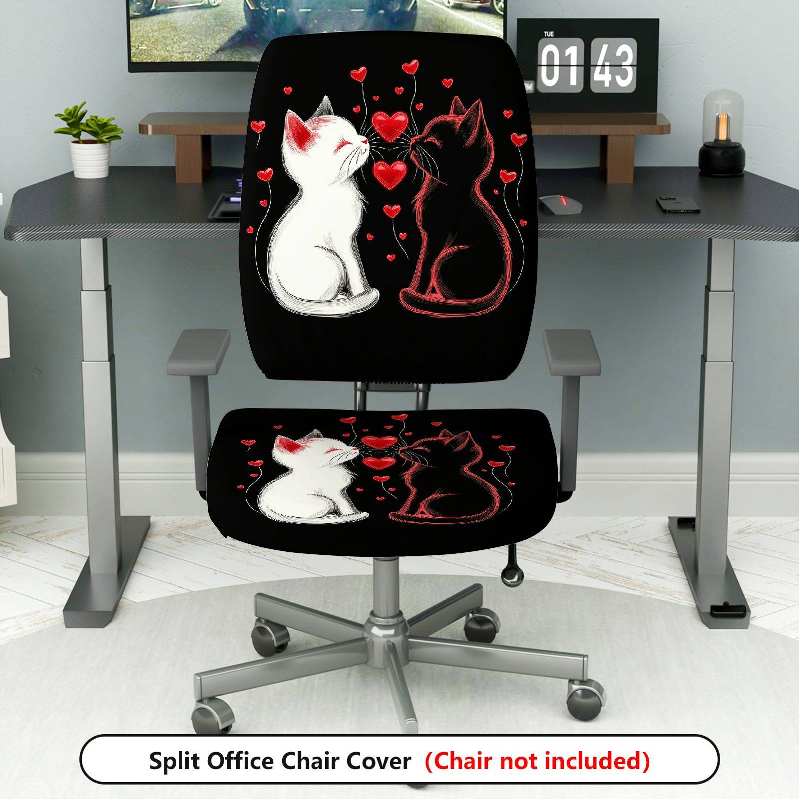 2-Piece Romantic Cats Love Hearts Valentine  Computer Chair Cover Set, Seat and Backrest