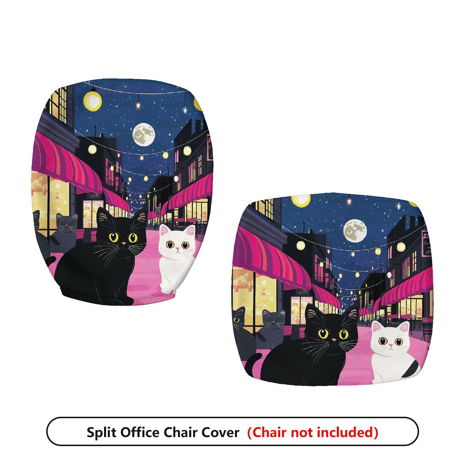 2-Piece Cat Night City Festival Decorative Moon  Computer Chair Cover Set, Seat and Backrest