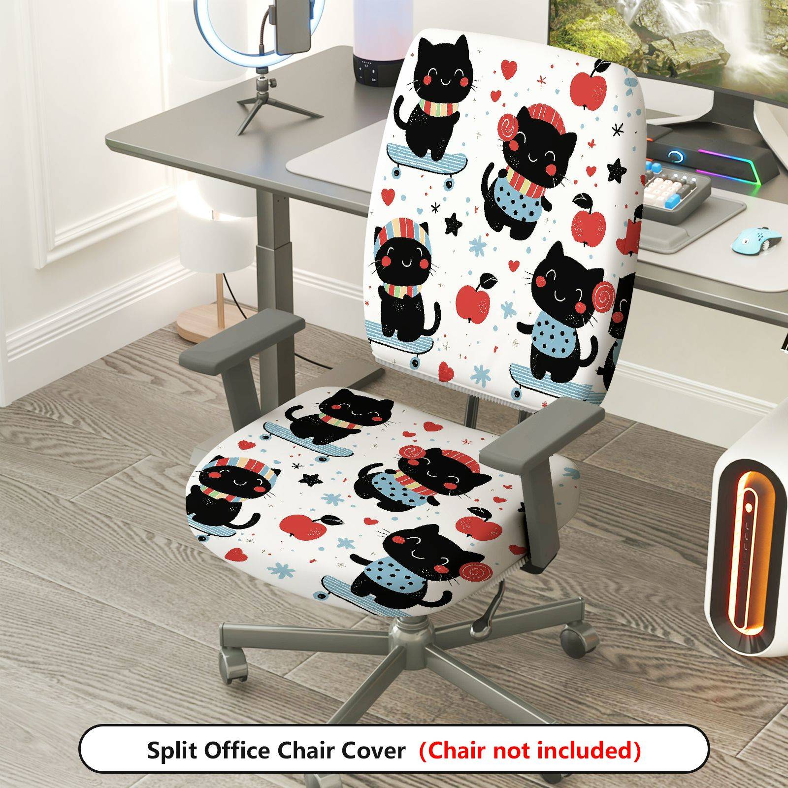 2-Piece Cute Cat Apple Heart Star  Computer Chair Cover Set, Seat and Backrest